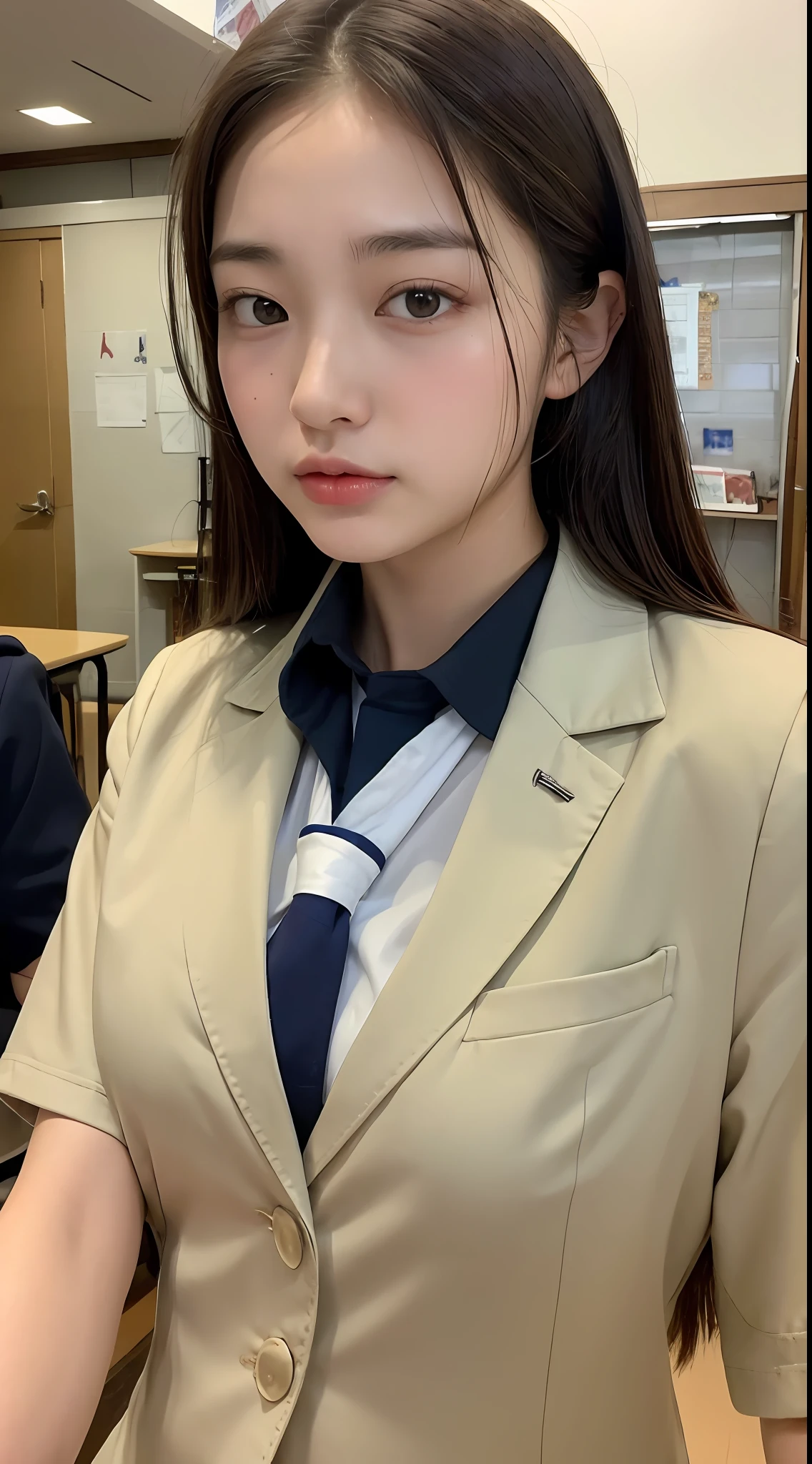 ((Top Quality, 8K, Masterpiece: 1.3)), Beautiful Women with Perfect Figure: 1.4, Dark Brown Hair, Big, Exposed Cleavage, Pendant, ((Wearing Japan Junior High School School Uniform)), ((Japan Junior High School Girl)), at the festival, very detailed face and skin texture, detailed eyes, double eyelids, wet body: 1.2, (sweat Breasts: 1.2)