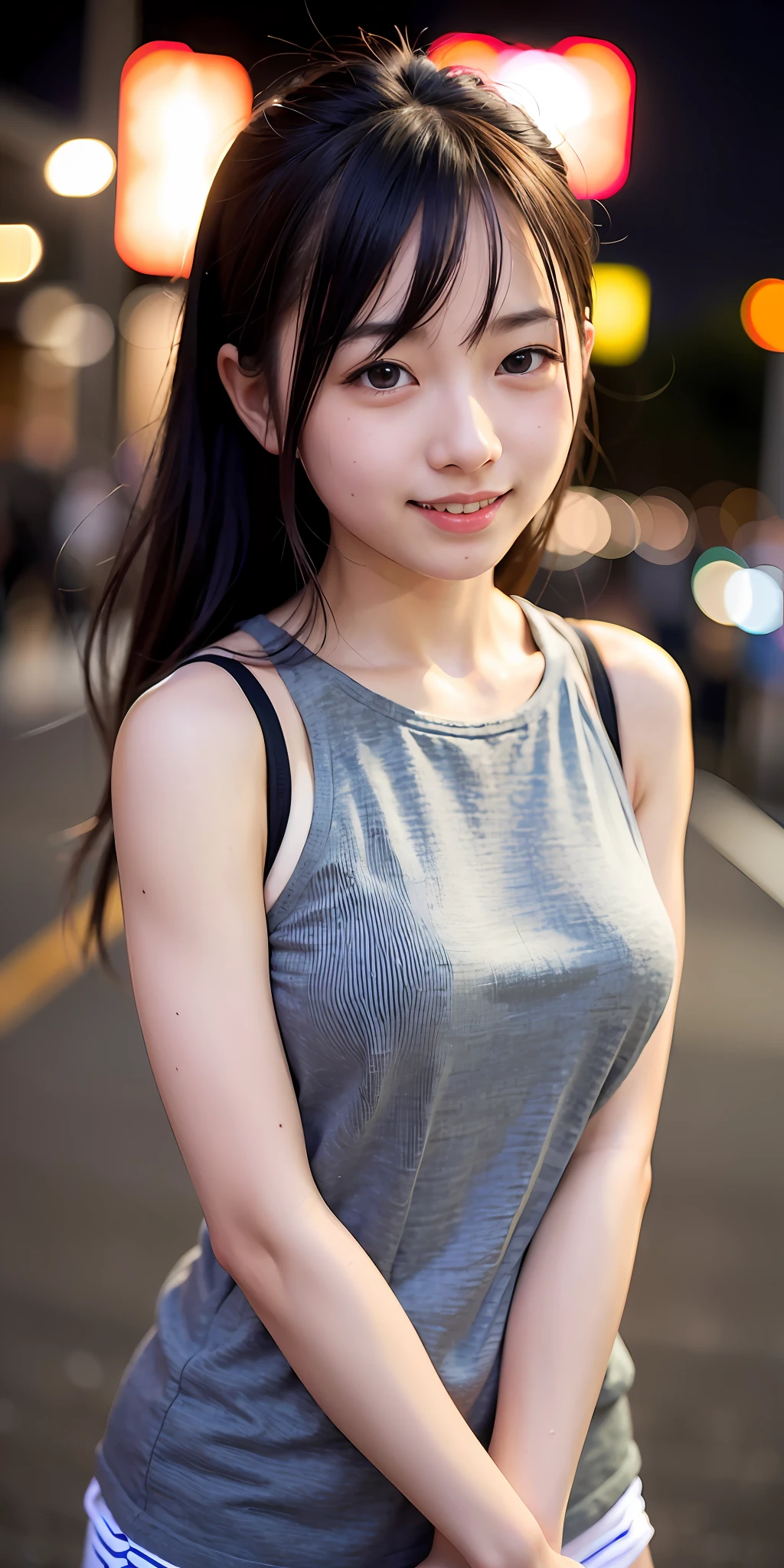 1girl, Tokyo street,night, cityscape,city lights,upper body,close-up,smile,, (8k, RAW photo, best quality, masterpiece:1.2),(realistic, photo-realistic:1.37),