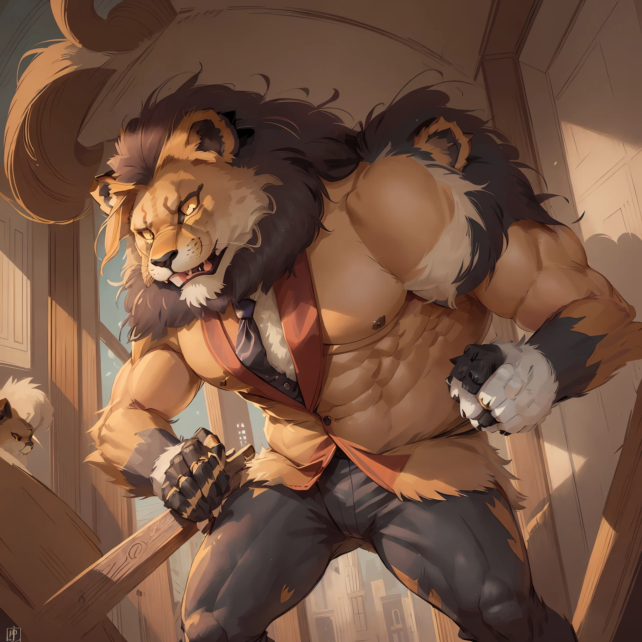 top quality ultra-fine illustrations, Reality and vitality, Expression of dense muscles, Coats that skillfully reflect light, dynamism, energy, elegance, Luxury, Harmony with space, Passionate expressiveness(classic concert, opera house, Backlighting)(highly detailed beautiful face and eyes)absurdres, perfect anatomy((beast man, solo focus, sharp focus)) (furry, tuxedo) (furry anthro:1.7) ((((Furry body, male lion facial features, male lion body features)))) ((Male lion's muzzle, very detailed fur))full body, Fighting pose, invincible smile (portrait),