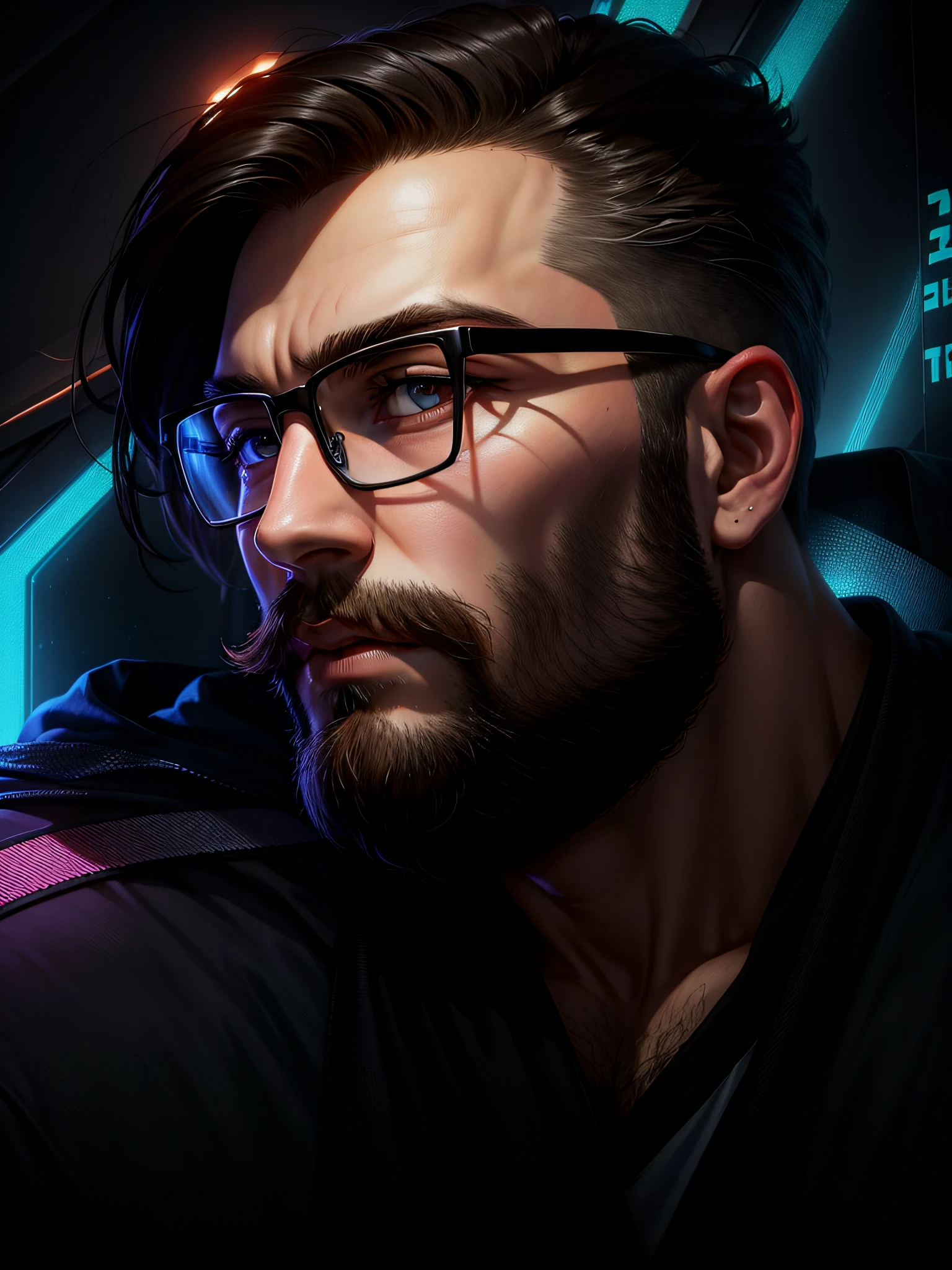 There's a 21-year-old man with glasses and beard in a room, headshot profile picture, profile picture, mid shot portrait, looking sideways, Twitch streamer/gamer Ludwig, very high quality image, lit from the side, looking out of camera, half-body headshot, anime-style photo, photo with background of a war, Brazilian flag hoisted in the upper right corner, neon lighting, brown eyes --auto --s2