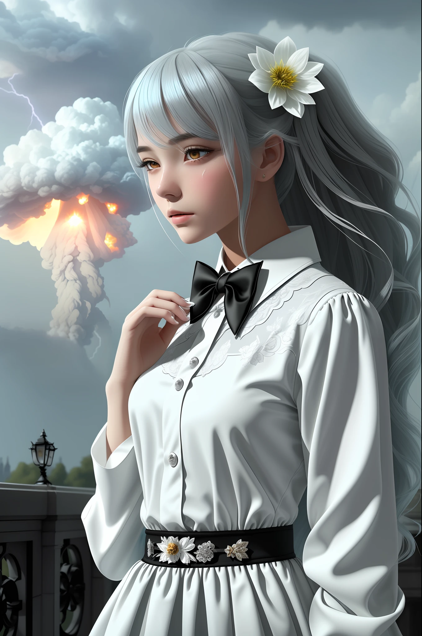 Masterpiece, exquisite, illustration, {beautiful and detailed girl}, beautiful and detailed aura, (war fire: 1.2), (nuclear explosion in the background: 1.3), rain, detail lighting, detail water, (beautiful and detailed eyes: 1.1), expression, palace, sky blue hair, scattered hair, long bangs, eyebrows, (white-gray dress: 1.1), black ribbon, white bow tie, upper abdomen, large forehead, dark flowers, long sleeves, only one, lightning, crying