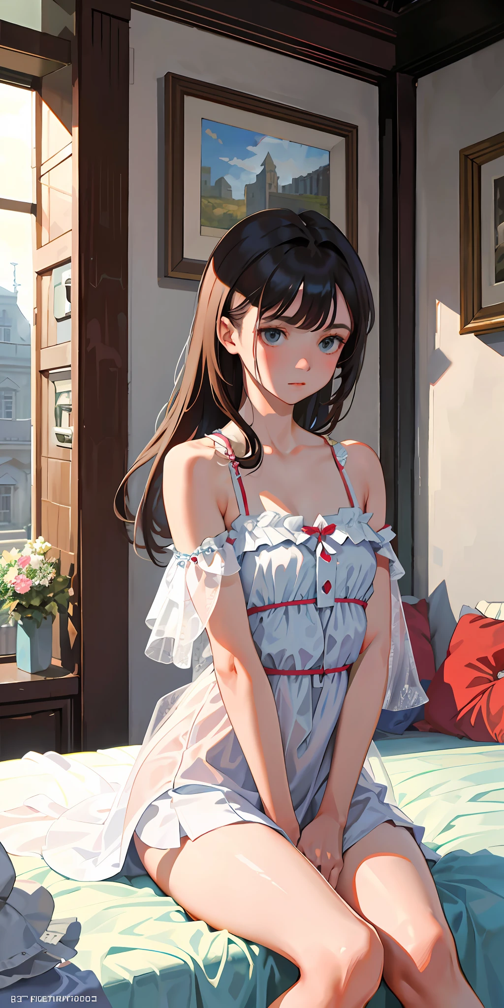 Anime girl sitting on a bed in a room with a window - SeaArt AI