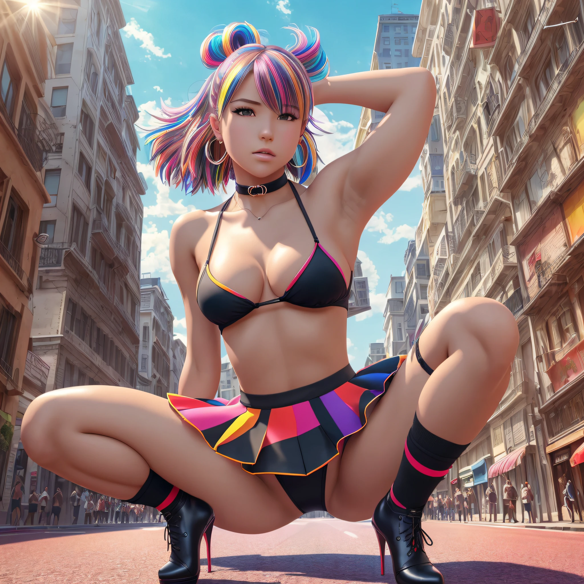 ((medium breast, tomboy girl, small head)), daylight, sunlight, (perfect body: 1.1), (young), (short wavy hair: 1.2) , choker, full body shot, crowded street, ((miniskirt)), (extremely detailed CG 8k wallpaper), (an extremely delicate and beautiful), (masterpiece), (best quality:1.0), (ultra highres:1.0), beautiful lighting, stiff nipple, perfect lightning, pulling skirt, realistic shadows, [highres], detailed skin, ultra-detailed, spread thigh, one leg up, squatting on the floor, black thigh high, red high heels, large earring, thighs, (((colorful))), (micro bikini), angle from below, mesh skirt --auto --s2
