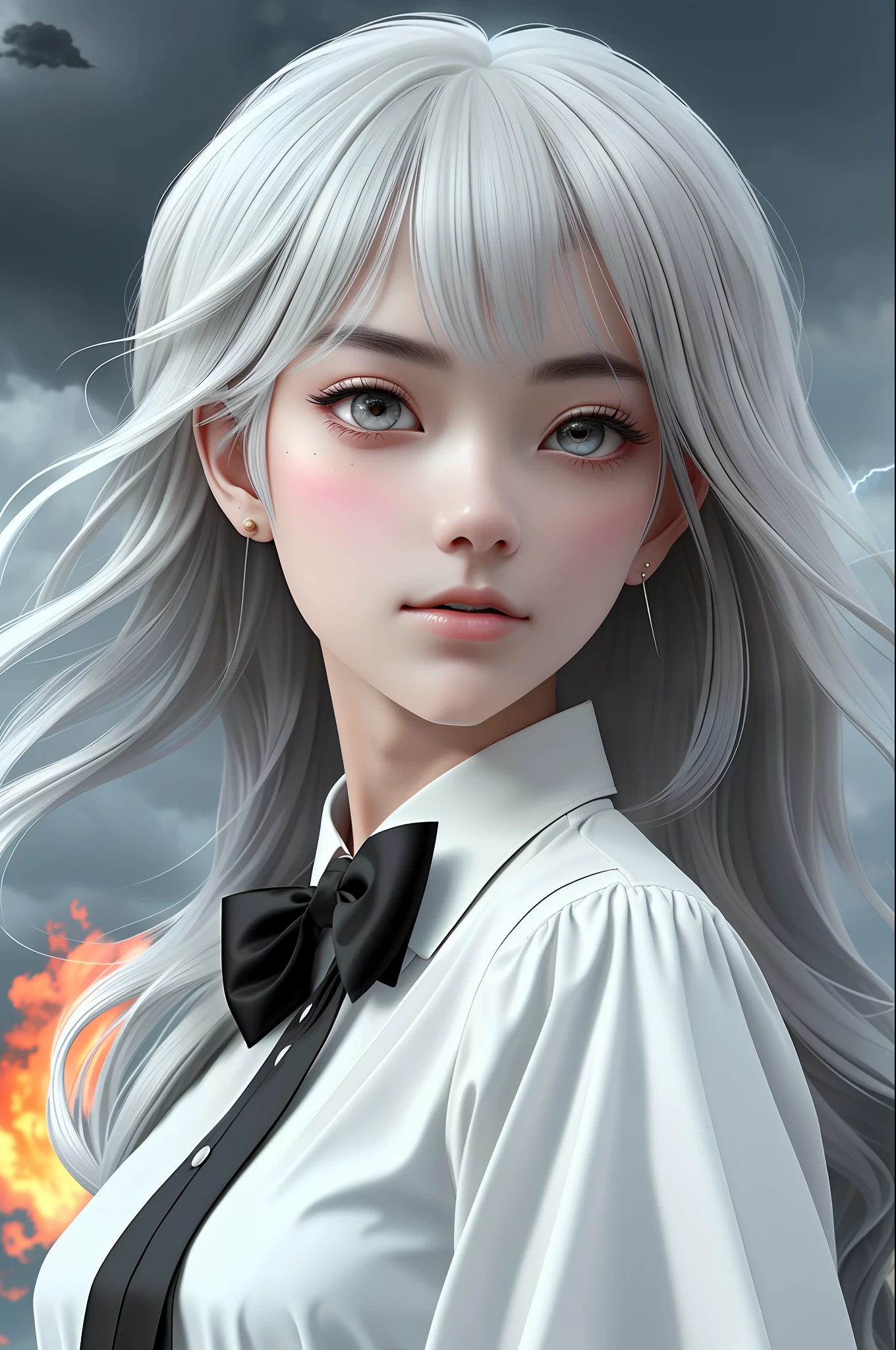 Masterpiece, exquisite, illustration, {beautiful and detailed girl}, beautiful and detailed aura, (fire of war: 1.2), (nuclear explosion in background: 1.3), rain, detail lighting, detail water, (beautiful and detailed eyes: 1.1), expression, palace, sky blue hair, scattered hair, long bangs, eyebrows, (white-gray dress: 1.1), black ribbon, white bow tie, upper abdomen, large forehead, dark flowers, long sleeves, only one, lightning, shout