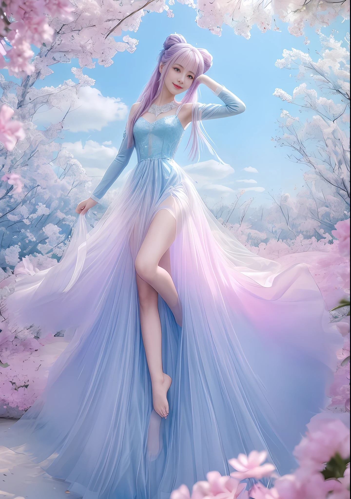 1 girl, single, (feet in the sky: 1.3), blue sky, mirror, light pink and light sky blue style, ethereal leaves, playful arrangement, fantasy, high contrast, (8K wallpaper: 1.3), realistic, octane rendering, surreal, (skin dents: 1.5), (realistic face: 1.2), sharp focus, masterpiece, (best quality), (mirror illumination: 1.5), light on the face, sharp face, long hair, light makeup, smile: 1.2, cute, (after fingering: 1.1), (long tulle: 1.6), wind, bun, (leg covering: 1.3),