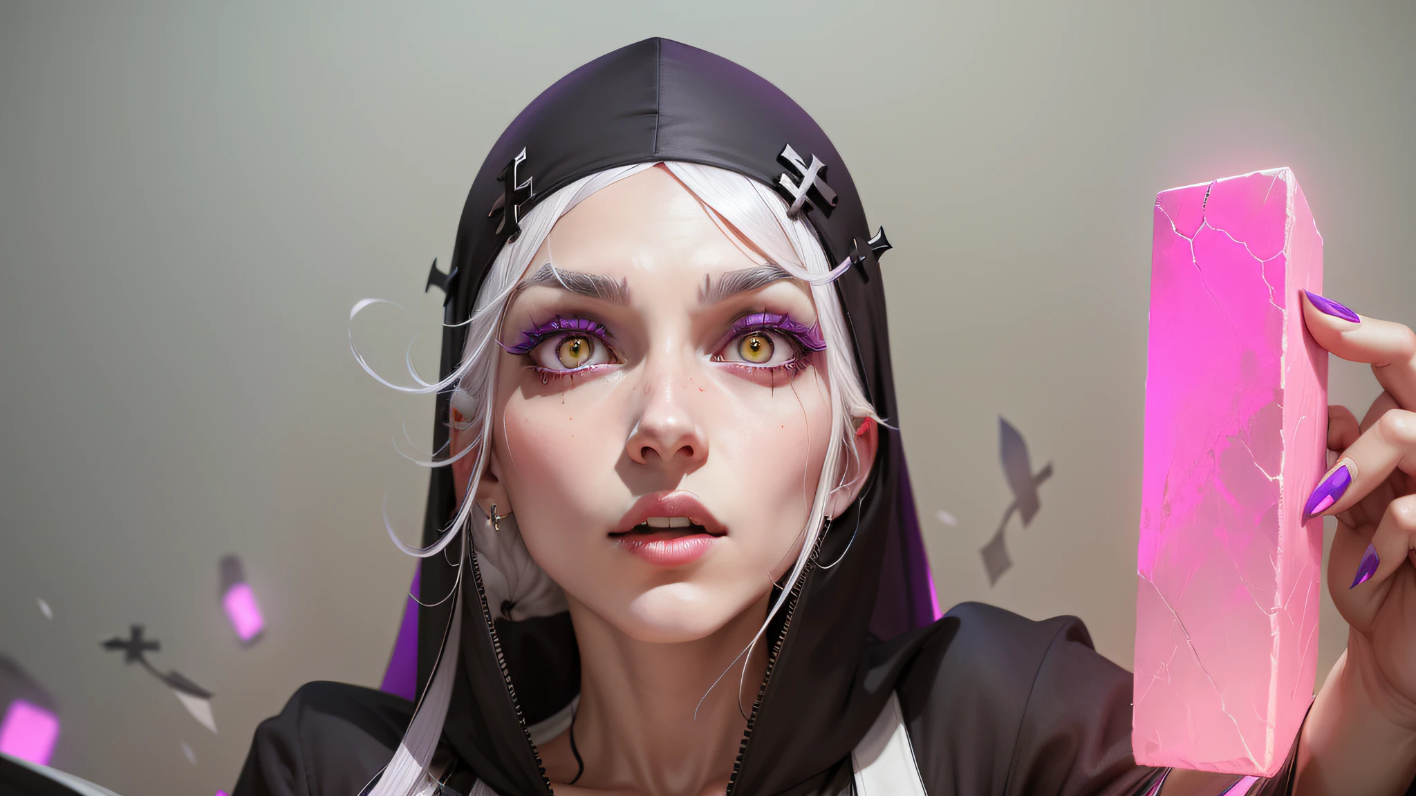 purple cross on forehead, white hair, nun's clothing, yellow eyes, big nails, pink nails, purple effect on forehead, purple cross on head --auto --s2