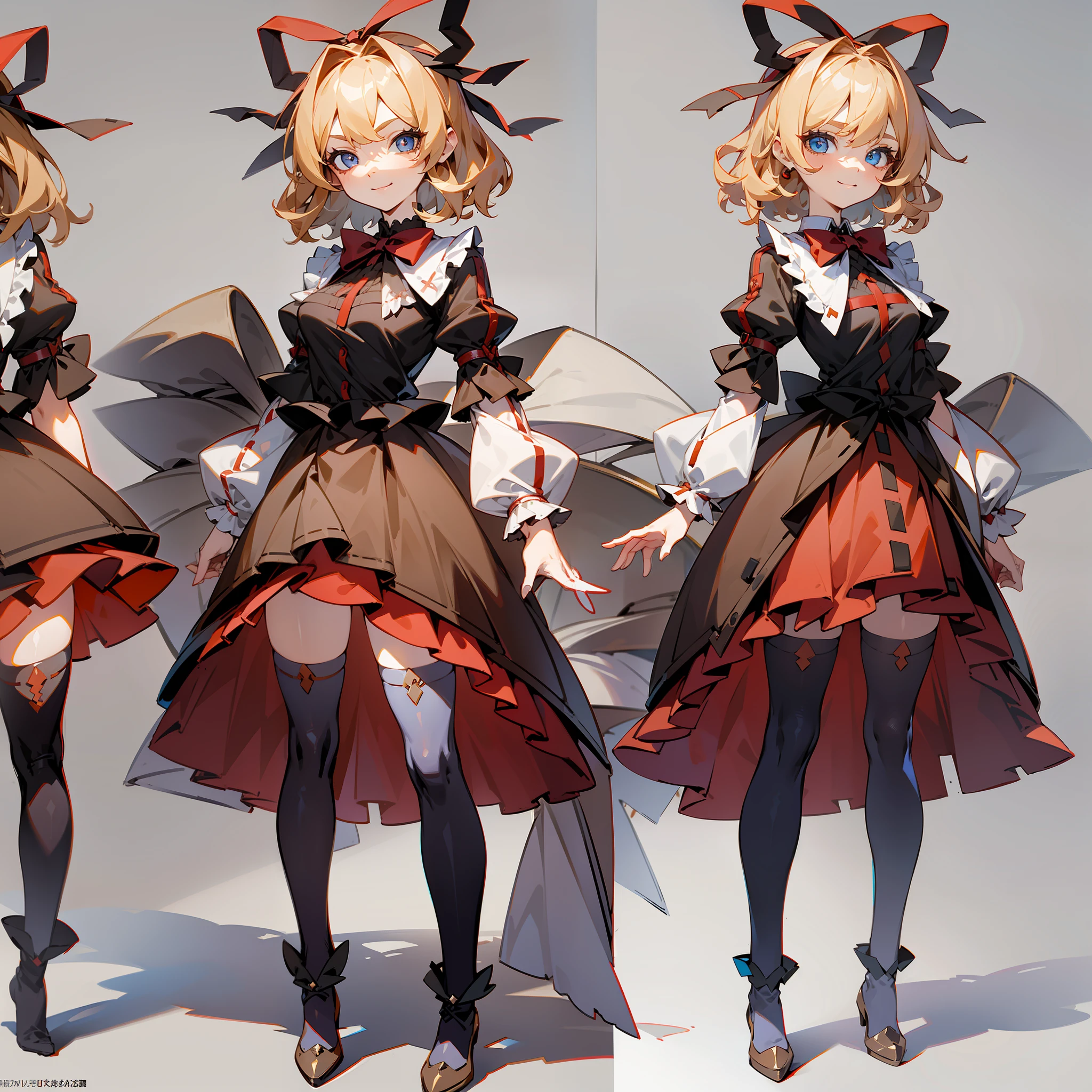 Masterpiece: 1.6, best quality: 1.4, live image: 1.2, intricate details: 1.2, charturnerv2: 1.2, 1lady full body character change, Appearance: young: 1.25, thin: 1.3, blue eyes, thick eyelashes,medium breasts, detailed eyes, quality eyes, Clothing: black shirt, red skirt, bubble skirt Accessories: red bow, red ribbon, Hair: blonde hair, short hair, semi curly hair, natural, shiny skin, (single background, white background:1.8), transparent Background, multiple views, multiple views of the same character in the same outfit: 1.3., character sheet: 1.2, multiple facial expressions: 1.3, serious, seductive smile, evil smile, shaded face, white legwear, white thighhighs,