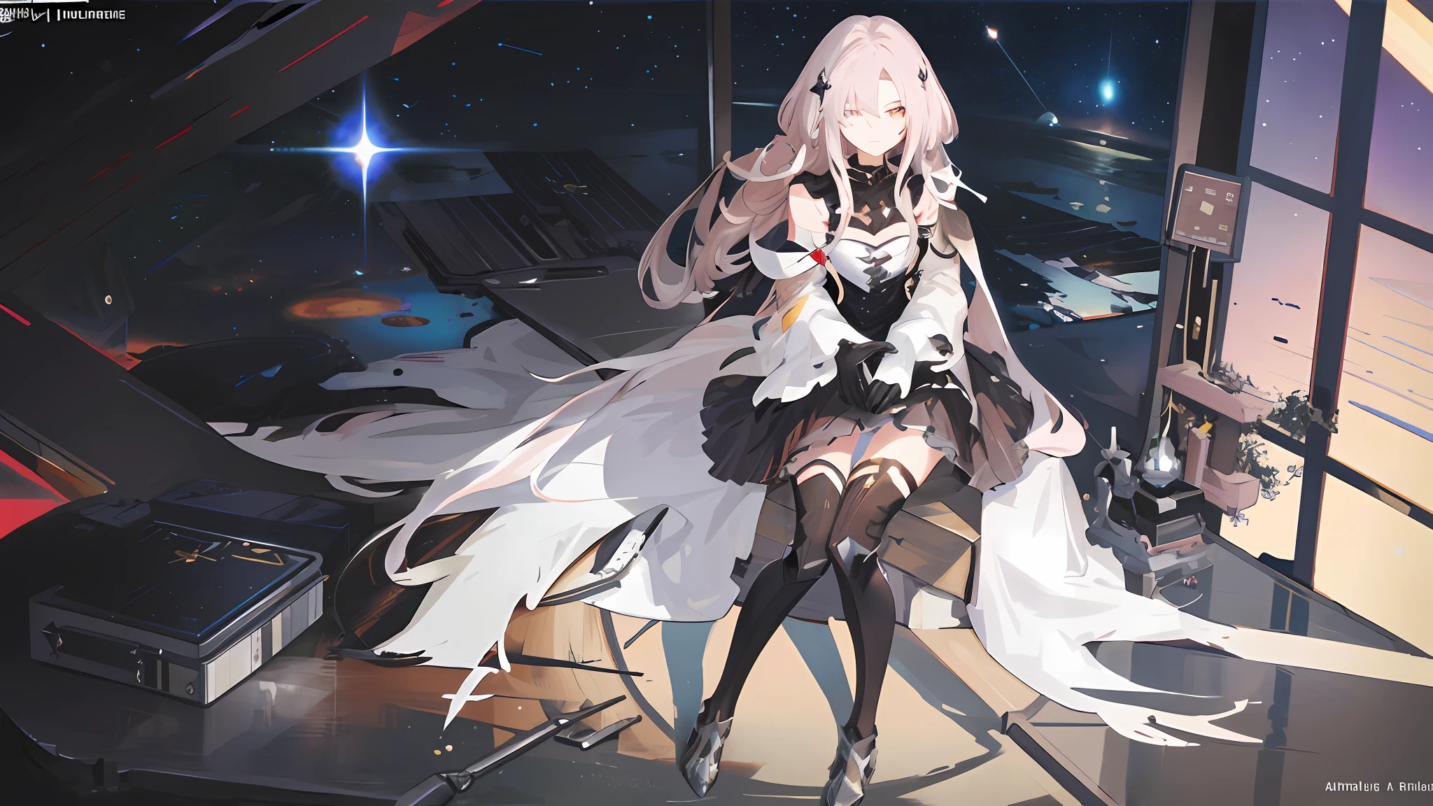 Anime girl long hair, from the night of the ark, fine details. (1girl:1.5+female_character:0.8+sit:1.2+rubble+Arknight, Girls' Frontline: 1.2, highly detailed), (Arknight: 1.2, Girls' Frontline: 1.2, feminine aesthetic), style shadow universe, scene in the universe (outer space), Girl Front. （Artstation:0.8+Pixiv:1.2+Guweiz on Artstation）