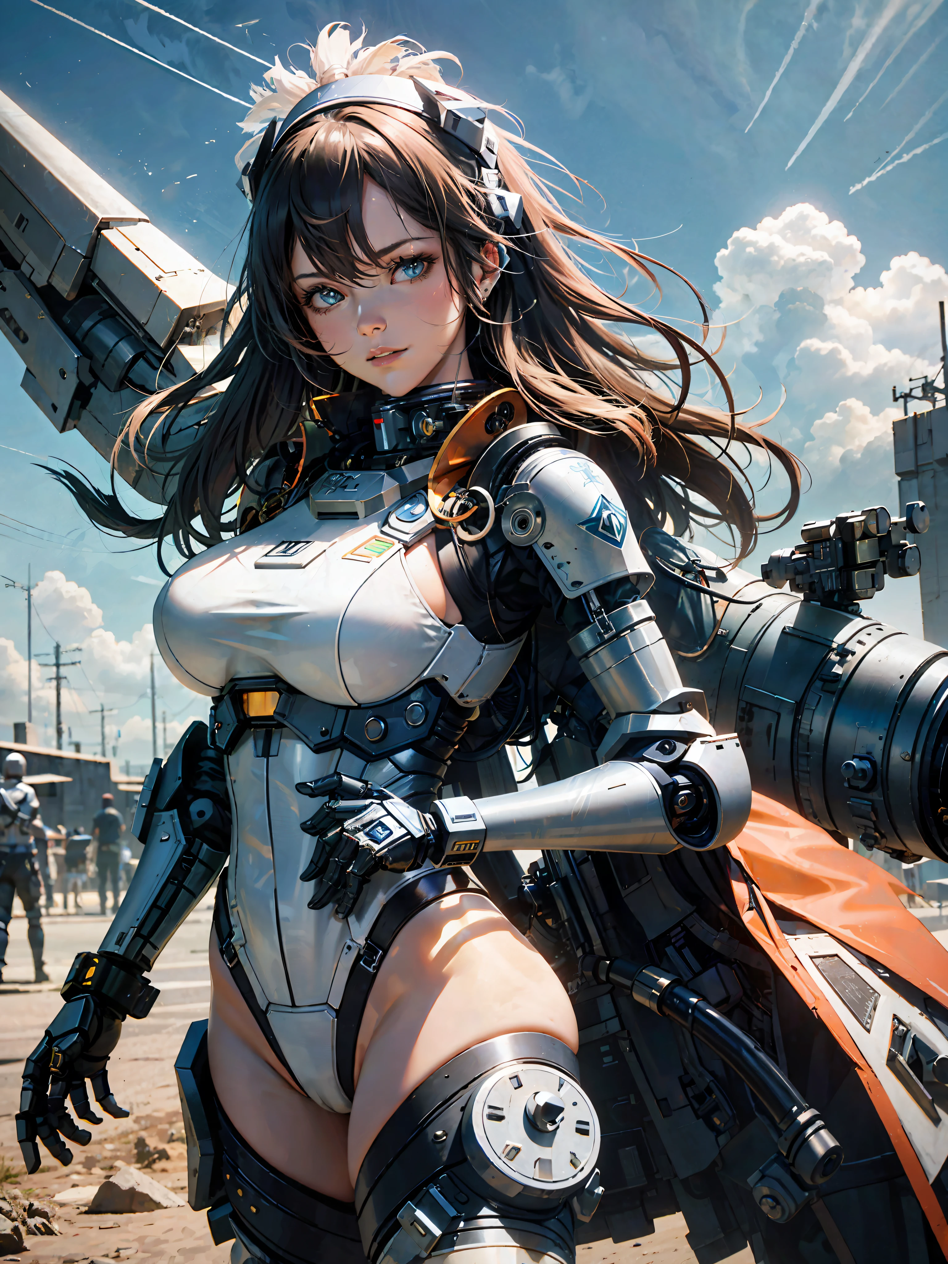 (Mecha Girl), (Robotic Arm), (Perfect Body), (Wearing a Tight Leather Suit), (Huge ), (Best Image Quality), Dynamic Photography, Fujifilm, Long Photography, Gundam Style, (Blue Sky and White Clouds), Storytelling Camera Perspective, Battle Stance Display, Soft Ambient Light, C4D, OC Render, 3D, Ultra HD16K,--ar 3:4 --niji5