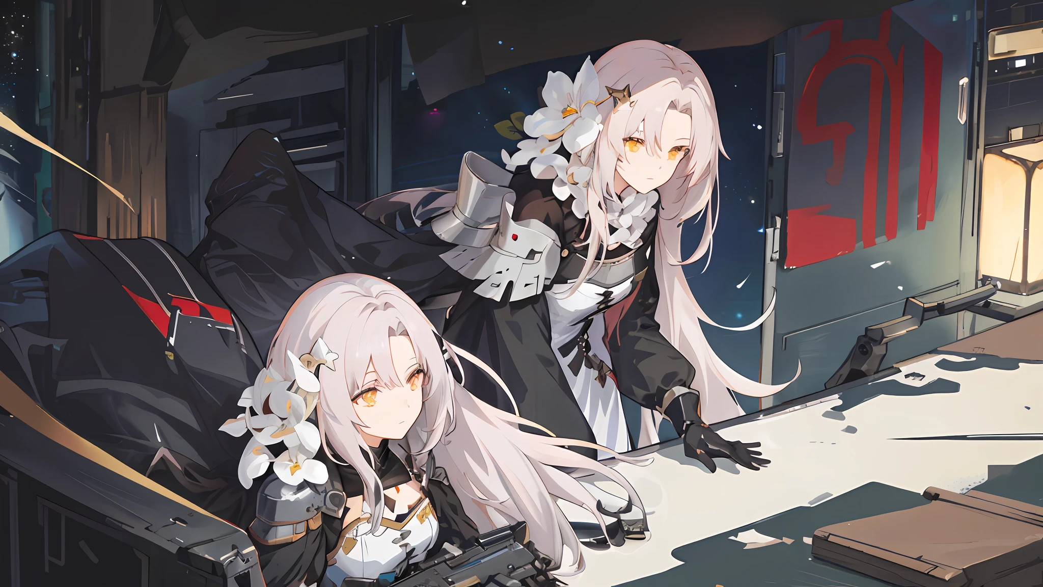 Anime girl long hair, from the night of the ark, fine details. (1girl:1.5+female_character:0.8+sit:1.2+rubble+Arknight, Girls' Frontline: 1.2, highly detailed), (Arknight: 1.2, Girls' Frontline: 1.2, feminine aesthetic), style shadow universe, scene in the universe (outer space), Girl Front. (Artstation:0.8+Pixiv:1.2+Guweiz on Artstation)