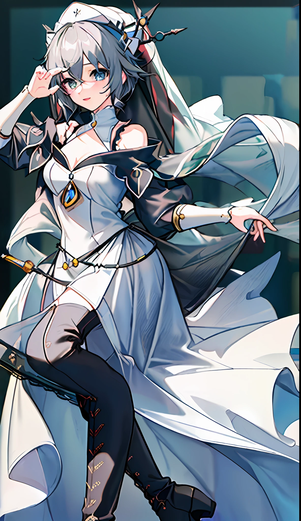 18-year-old beautiful girl, ((((Masterpiece)))), (((Best quality)))), (((Very detailed))), detailed fingers, precise fingers, not unnatural hands, gold hair ornament, white sister hat, illustration, black sister veil, black knee-high boots, black monastic dress, NIA, royal elegant pose