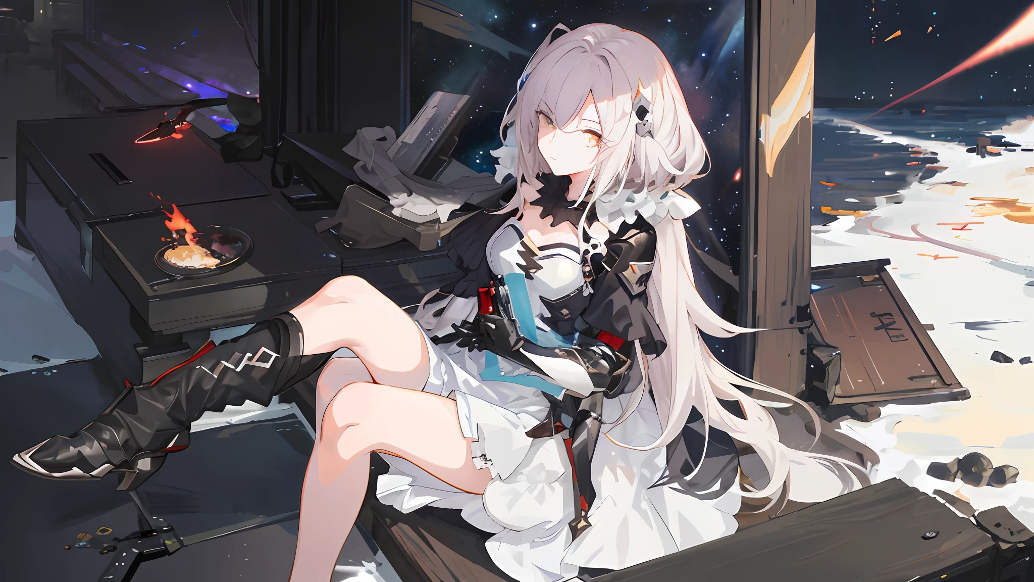 Anime girl long hair, from the night of the ark, fine details. (1girl:1.5+female_character:0.8+sit:1.2+rubble+Arknight, Girls' Frontline: 1.2, highly detailed), (Arknight: 1.2, Girls' Frontline: 1.2, feminine aesthetic), style shadow universe, scene in the universe (outer space), Girl Front. （Artstation:0.8+Pixiv:1.2+Guweiz on Artstation）