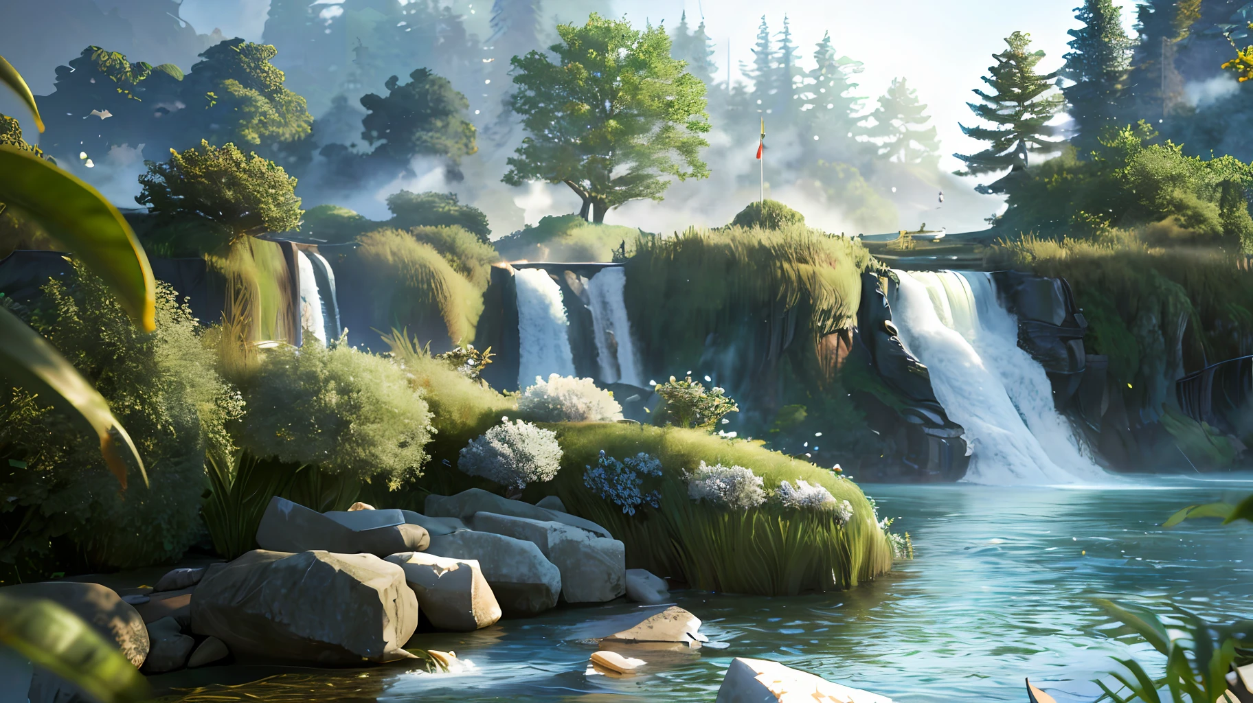 Analog style,ChromaV5,nvinkpunk,(extremely detailed CG unity 8k wallpaper),An image of a majestic river, trees on the sides, tiny waterfall, intense fog ,award winning photography, Chromatic Aberration, Detailed , HDR, Bloom, style by Monet, Pissarro, and Sisley ,trending on ArtStation, trending on CGSociety, art by midjourney