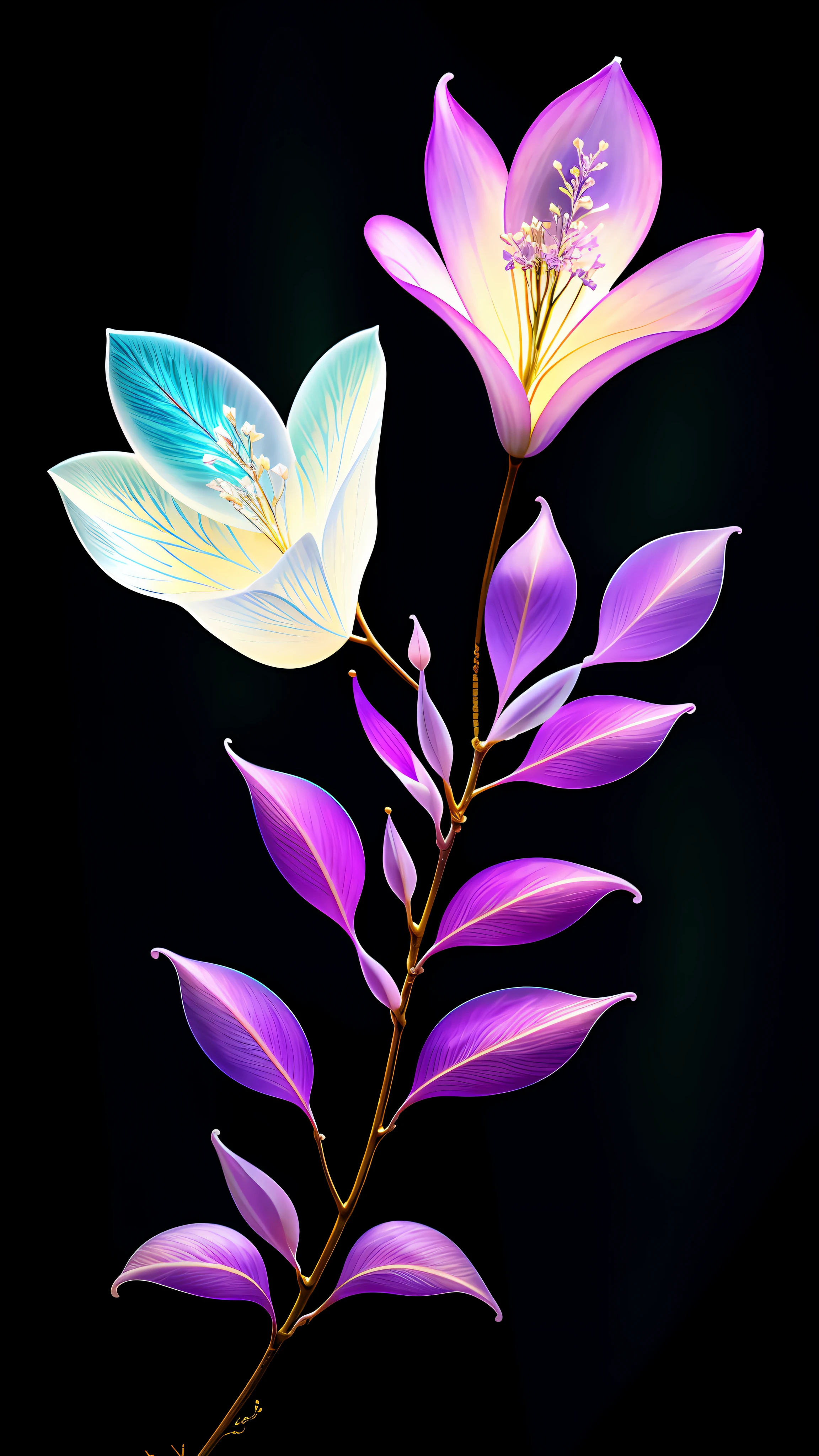 branch of delicate lilac flowers, super transparent, holy light, beautiful spectral light, petals glow, flashing, dark background, drops of transparent light, reflective light, bright, light streaming in, optics, portrait profile, sharp focus, magical, intricate, ultra realistic, fantasy, composition, light, trend on artstation, pearl, patronus cloud of silvery vapor, corrosive enveloping ray family, 8k, ureal ar 23v4 uplight