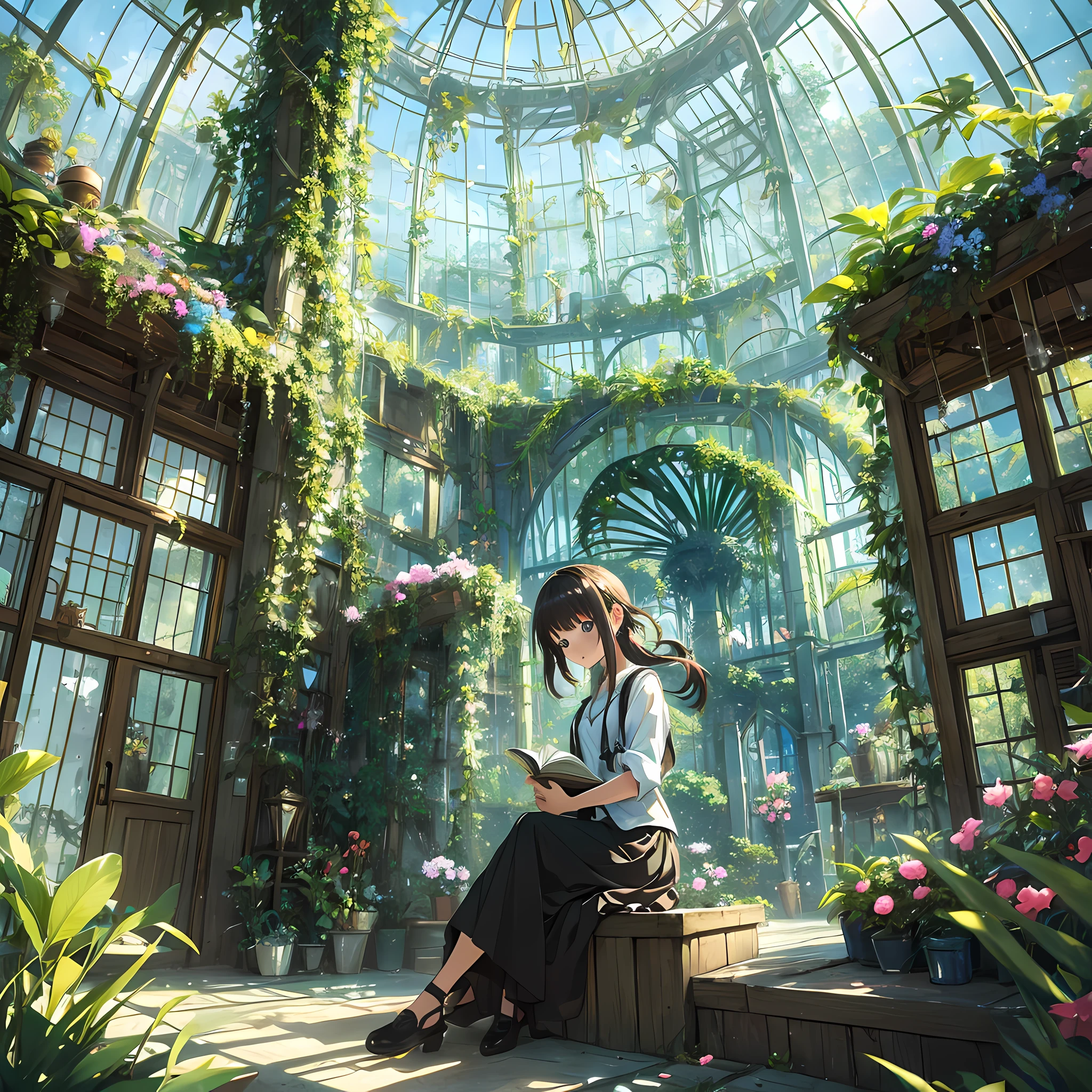 cute girl, best quality, masterpiece, highly detailed, detailed background, anime, single, portrait, young girl, short girl, sci-fi, sci-fi, outdoor, night, starry sky, greenhouse, giant structure, biodome, landscape, landscape, horizon, rooftop, sitting on rooftop, wind, gaze, atmosphere lighting, solo focus, close, from side, depth of field, fantastic plants, book, giant world tree, bioluminescence