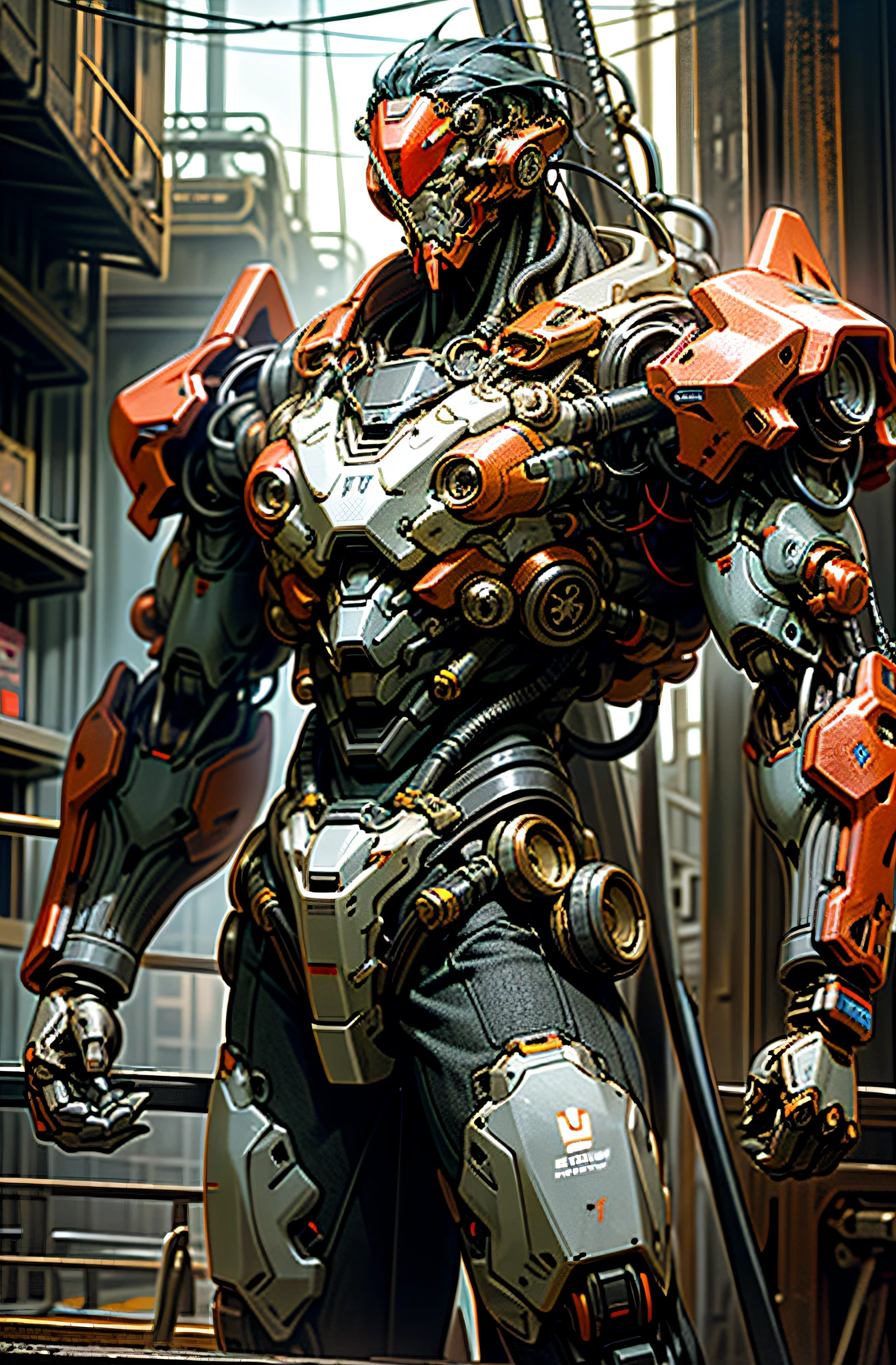 Dark_Fantasy,Cyberpunk,(chain saw,chain saw man,Red:1.1),1man,Mechanical marvel,Robotic presence,Cybernetic guardian, wearing a worn-out mech suit, intricate, (steel metal [rusty]), elegant, clear focus, shot by greg rutkowski, soft lighting, vibrant colors, masterpiece, ((street)), cowboy shot, dynamic pose,