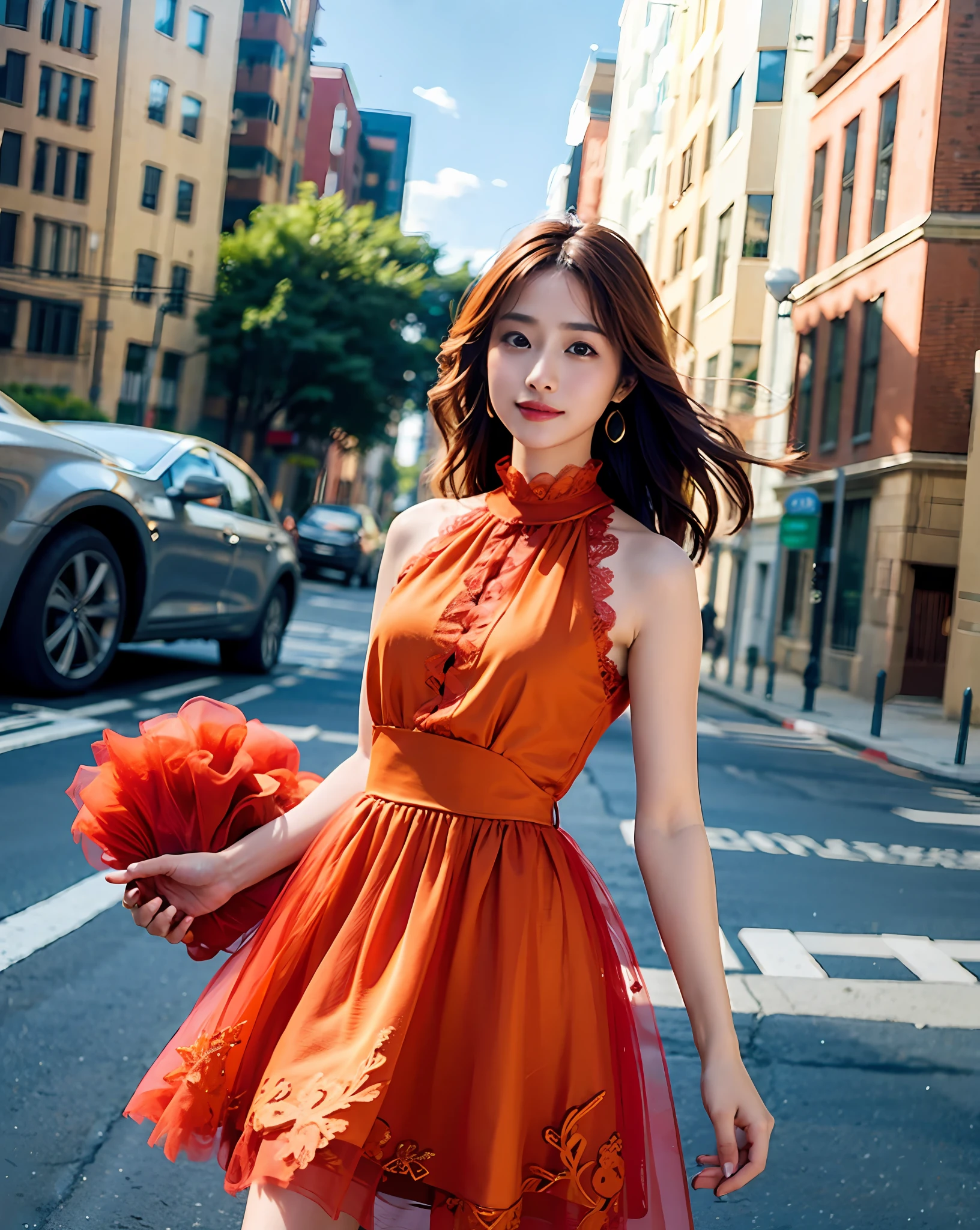 Woman posing on street corner in bright orange dress, top quality, high resolution, 8k, 1 girl, (small), daytime, bright, outdoor, (street: 0.8), (people, crowd: 1), (lace) -trimmed dress: 1.5, light orange dress: 1.5, orange high neck dress: 1.5, sleeveless dress, orange dress: 1.5), gorgeous, (medium hair), beautiful detailed sky, beautiful earrings, (dynamic pose: 0.8), (upper body: 1.2), soft lighting, wind, shiny skin, gaze,