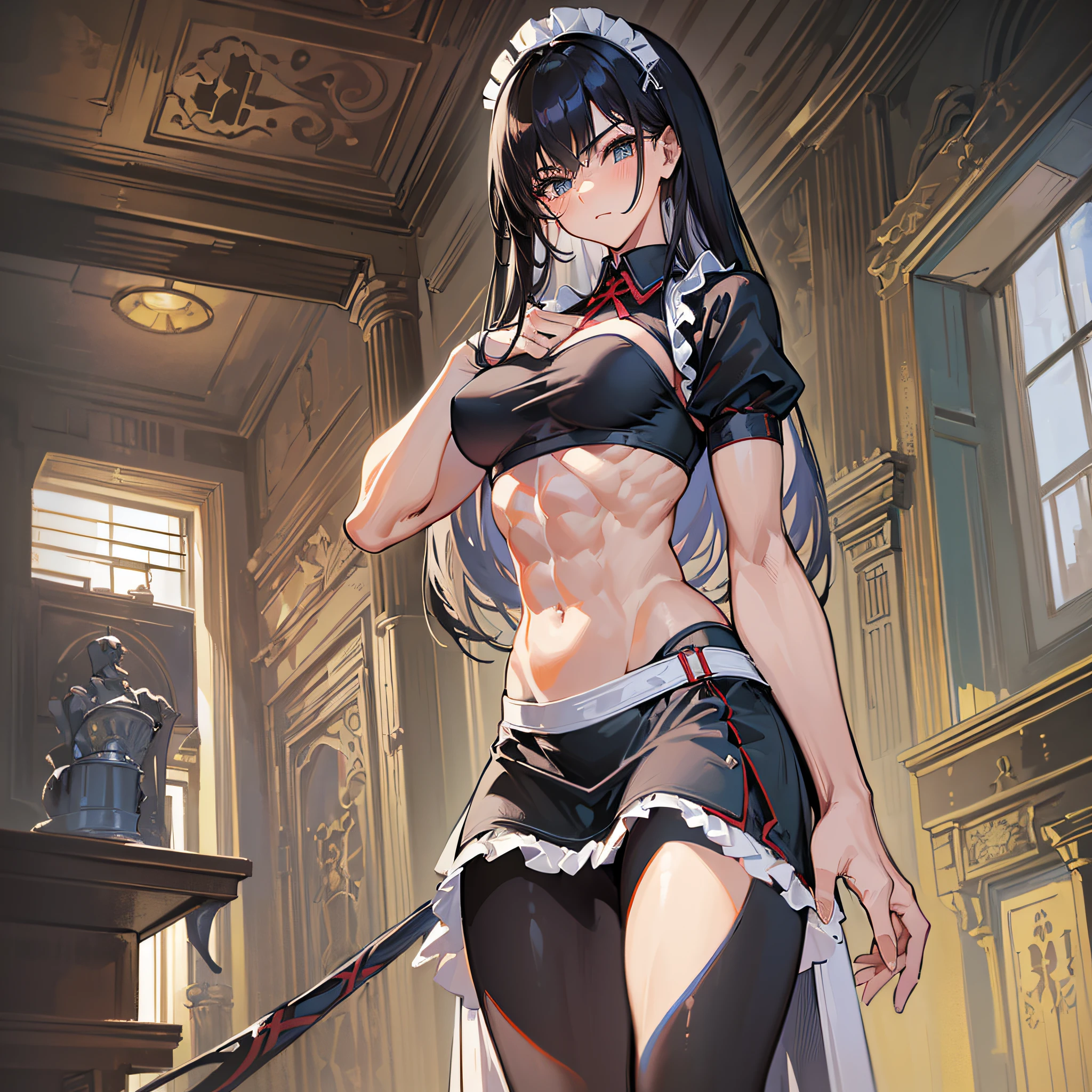 ((Masterpiece)), ((Highest Quality)), ((Best Quality)), (Illustration of One Girl), Long Black Hair, (Flat Chest), Tall, (((Muscular Strong Body)), (Split Abs)), ((Muscular and Thick Arms)), ((Muscular and Thick Legs)), (Maid Clothes)), Indoor