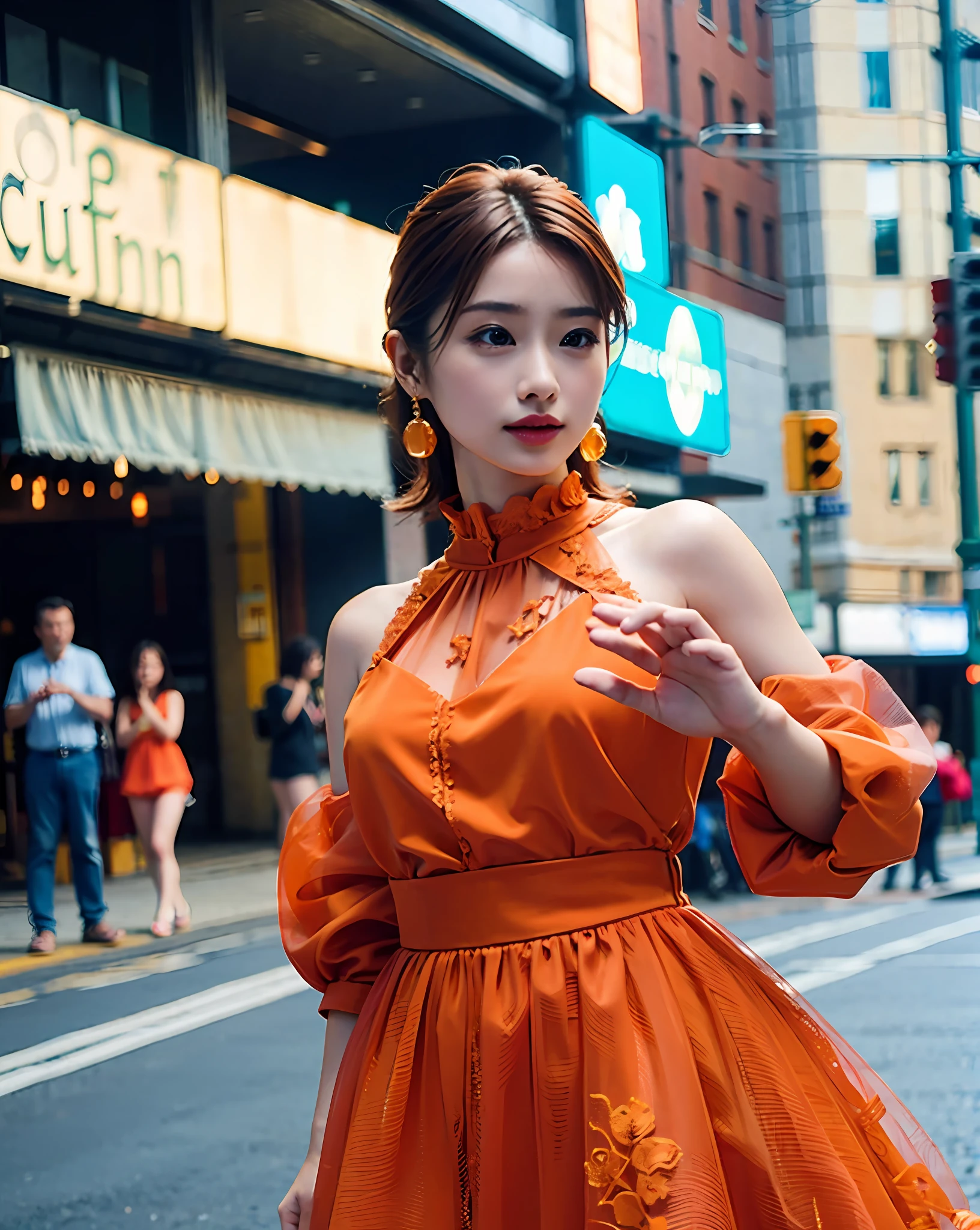 Woman posing on street corner in bright orange dress, top quality, high resolution, 8k, 1 girl, (small), daytime, bright, outdoor, (street: 0.8), (people, crowd: 1), (lace) -trimmed dress: 1.5, light orange dress: 1.5, orange high neck dress: 1.5, sleeveless dress, orange dress: 1.5), gorgeous, (medium hair), beautiful detailed sky, beautiful earrings, (dynamic pose: 0.8), (upper body: 1.2), soft lighting, wind, shiny skin, gaze,
