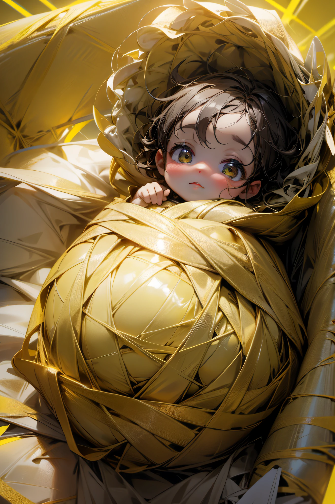 A baby, shining, wrapped in yellow light,