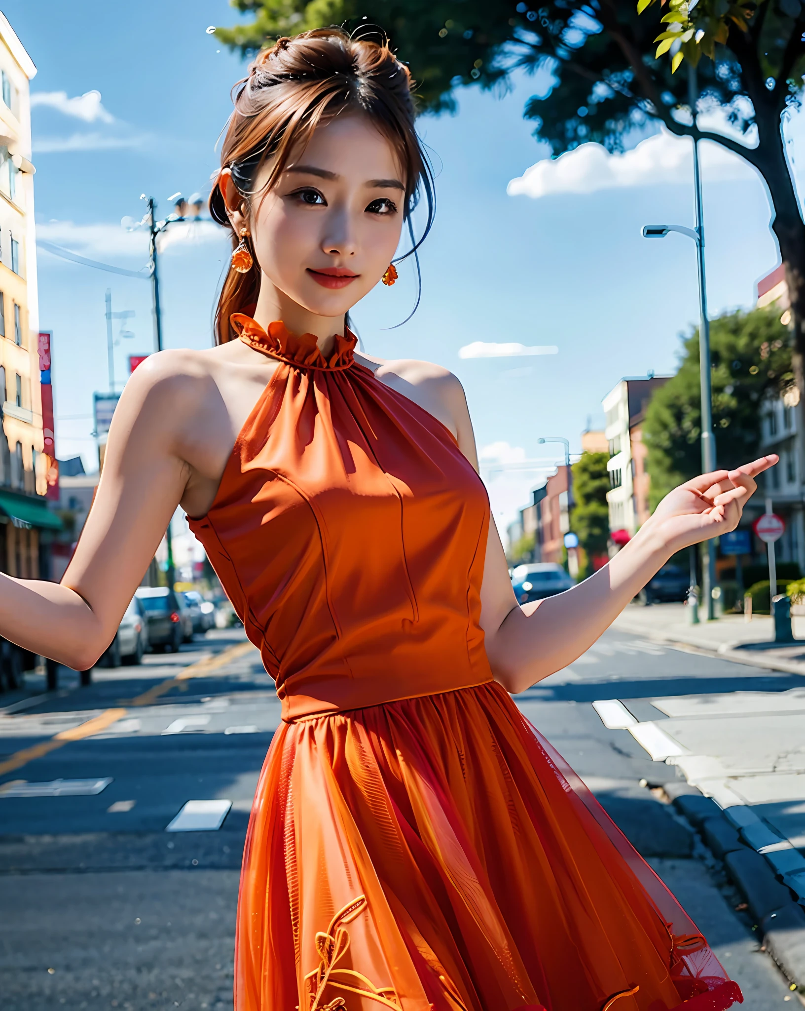 Woman posing on street corner in bright orange dress, top quality, high resolution, 8k, 1 girl, (small), daytime, bright, outdoor, (street: 0.8), (people, crowd: 1), (lace) -trimmed dress: 1.5, light orange dress: 1.5, orange high neck dress: 1.5, sleeveless dress, orange dress: 1.5), gorgeous, (medium hair), beautiful detailed sky, beautiful earrings, (dynamic pose: 0.8), (upper body: 1.2), soft lighting, wind, shiny skin, gaze,