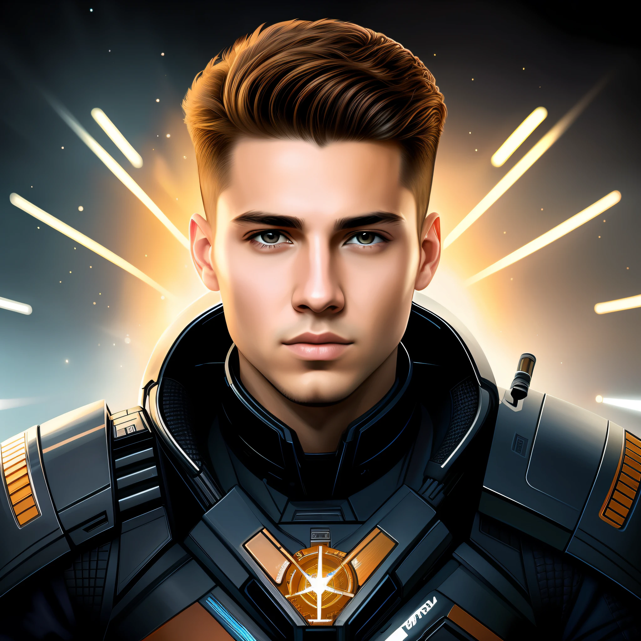 masterpiece, best quality, realistic, ultra detailed, sfw, head shot, a portrait of a young man, starsector, sci-fi style suits, tech gadgets,