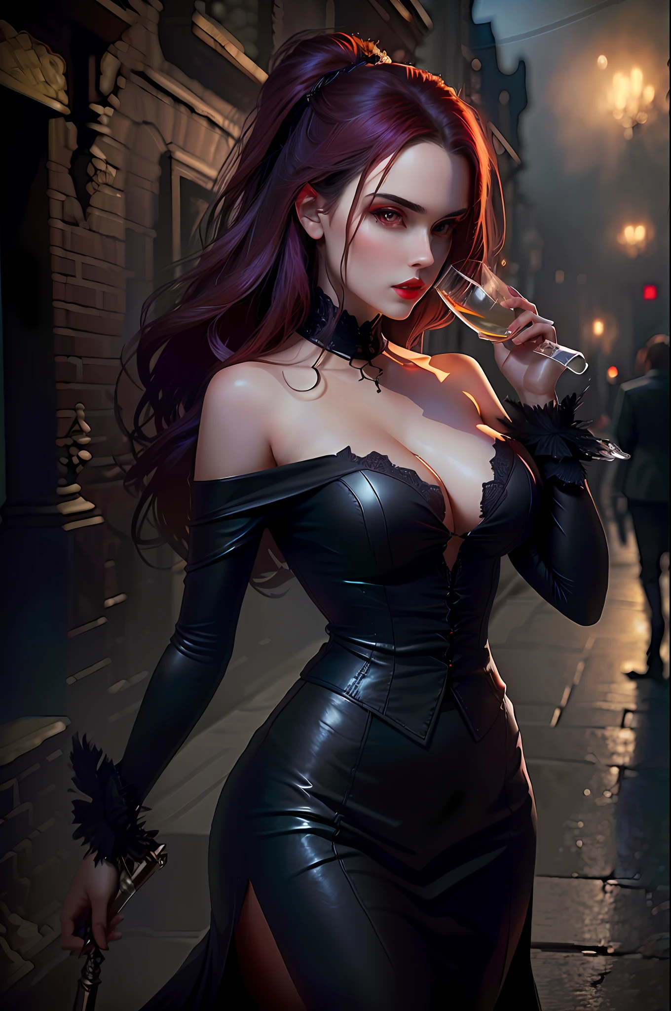 (Artstation) (better resolution) (profile) (ultra) beautiful portrait Gothic woman symmetrical face perfect body with black leather clothes drinking a glass of wine in an ancient castle