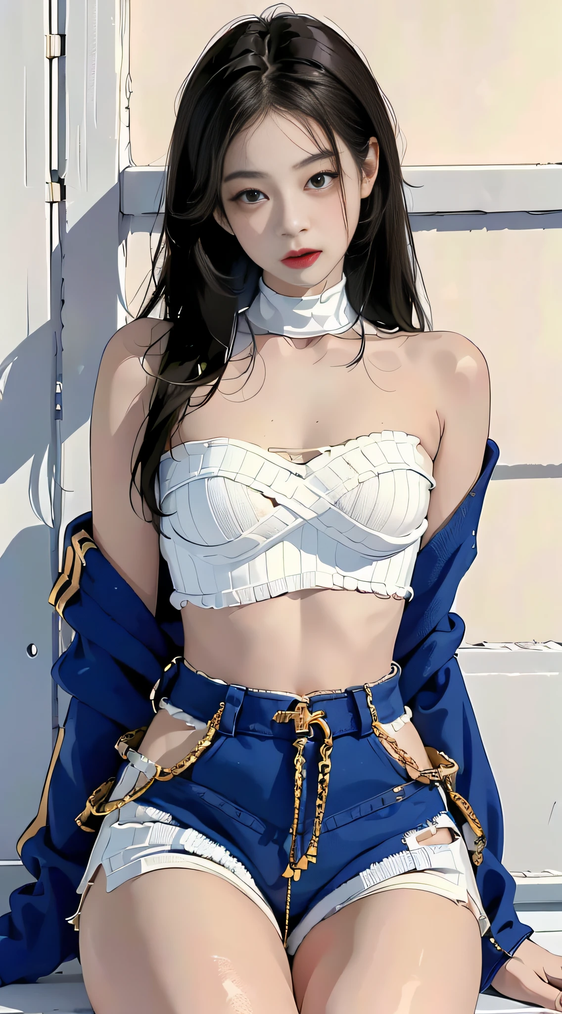 (1 girl one girl:1 girl.3 girls), solo,_Kim Ji-ni Jennie face,Wear a royal blue armband sweater,Short model,White bandeau inside,blue shorts,,sex appeal,cuteness,white legwear,White wall,,FULL-bodyphoto,looks at the viewer,World-weary face,Indifferent eyes,Korean style