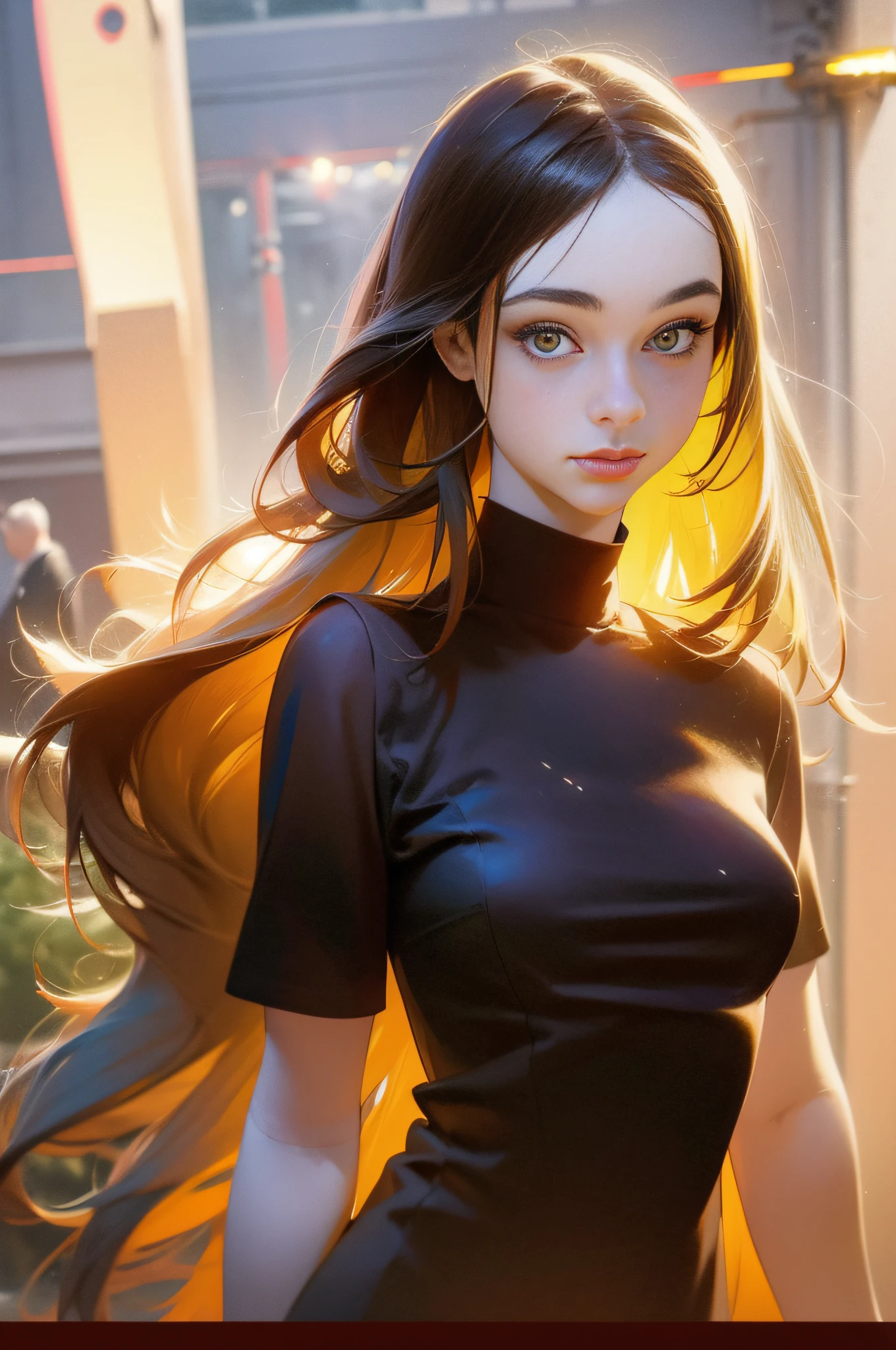 1 Full shot,girl, dasha, portrait photography, beautiful young woman with transparent western tunic dress,long_hair, realistic, eyes visible through hair, proper eye position, natural skin, backlight, cinematic light, rim light, soft light , hips, in night time, city side background, detailed color graded background, intricate , highly detail, octane render,HDR, HD, 8k, by Annie Leibovitz