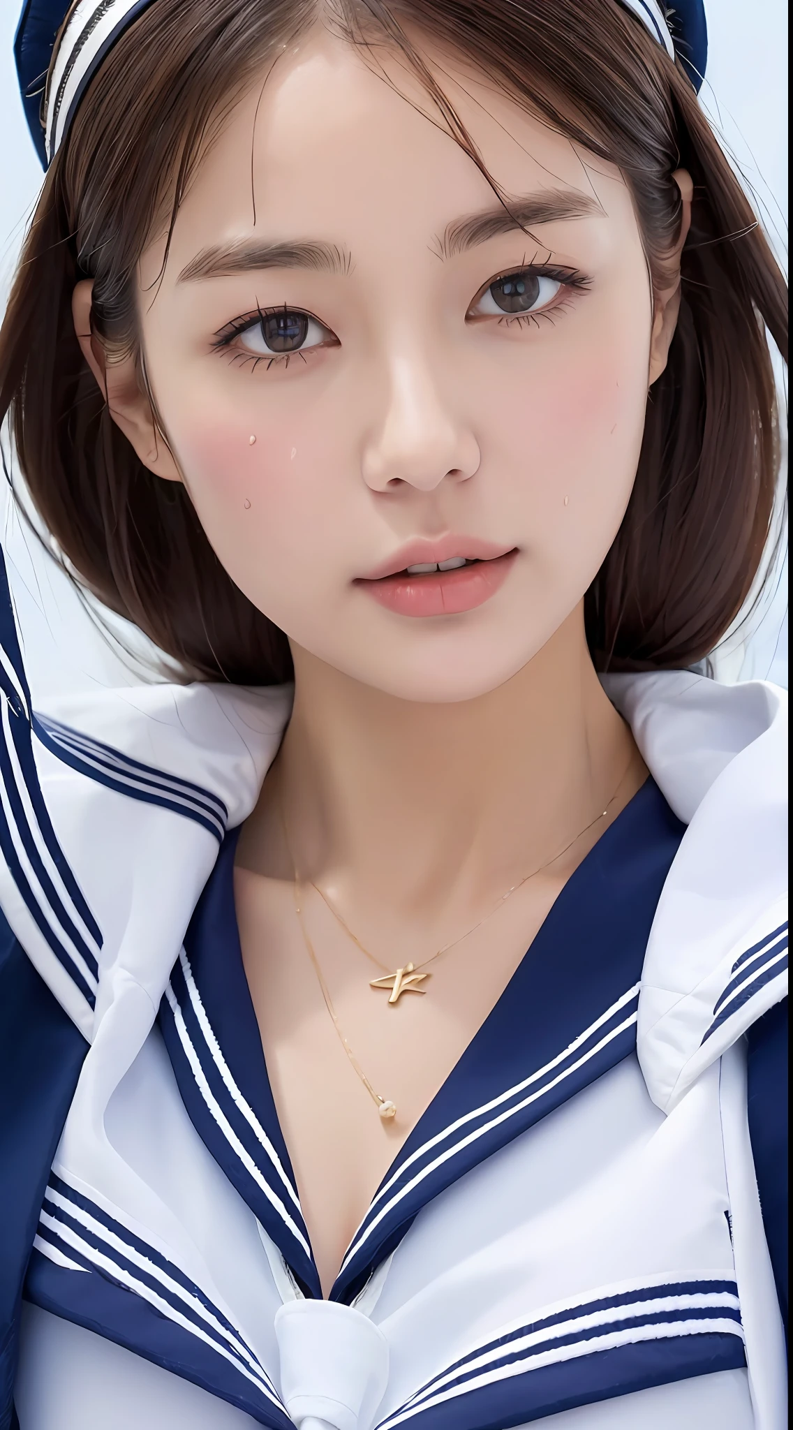 ((Top Quality, 8K, Masterpiece: 1.3)), Beautiful Women with Perfect Figure: 1.4, Dark Brown Hair, Big, Exposed Cleavage, Pendant, (((wearing a sailor suit)), Highly detailed face and skin texture, detailed eyes, double eyelids, wet body: 1.2, (sweat Breasts: 1.2)