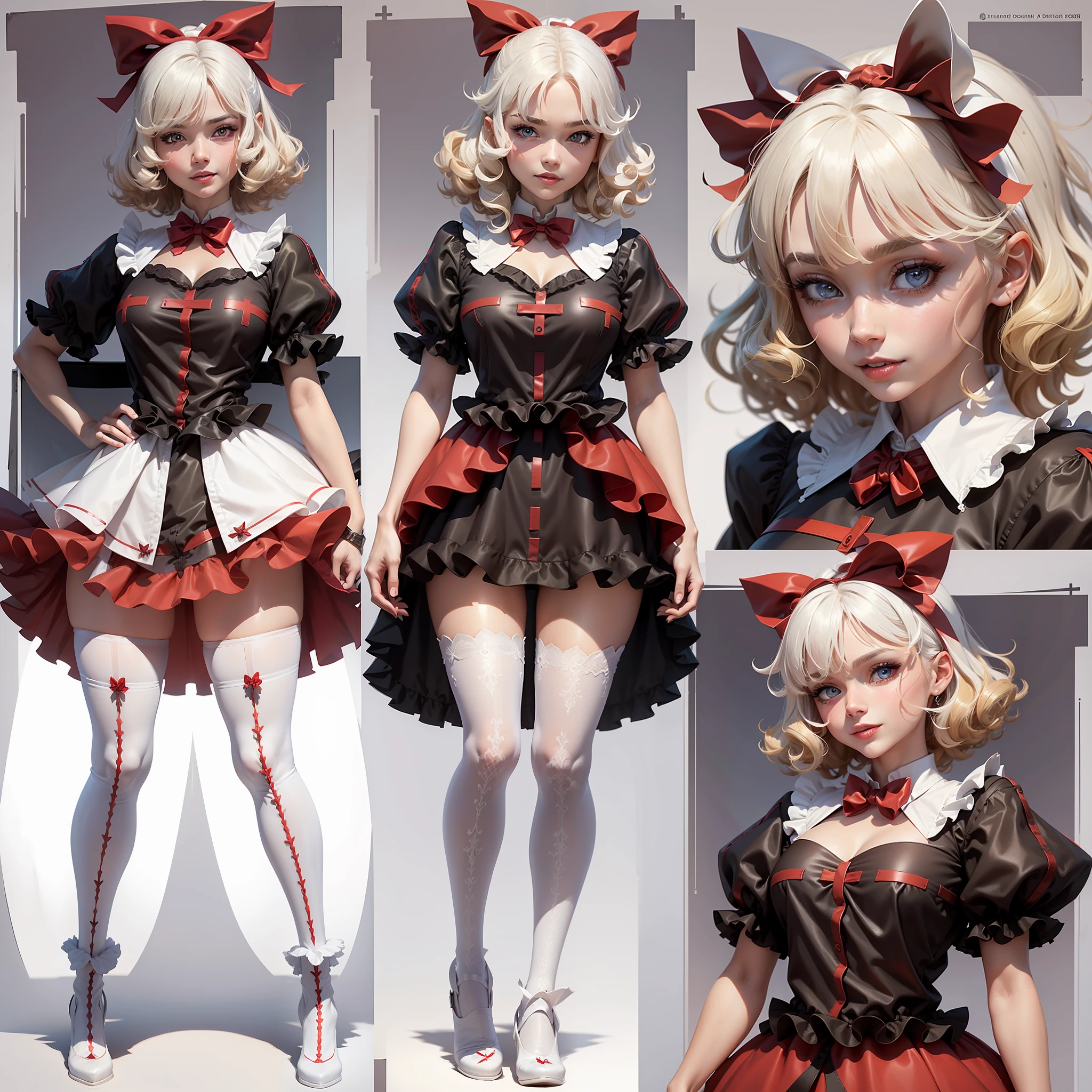 Masterpiece: 1.6, best quality: 1.4, live image: 1.2, intricate details: 1.2, charturnerv2: 1.2, 1lady full body character change, Appearance: young: 1.25, thin: 1.3, blue eyes, thick eyelashes,medium breasts, detailed eyes, quality eyes, Clothing: black shirt, red skirt, bubble skirt Accessories: red bow, red ribbon, Hair: blonde hair, short hair, semi curly hair, natural, shiny skin, (single background, white background:1.8), transparent Background, multiple views, multiple views of the same character in the same outfit: 1.3., character sheet: 1.2, multiple facial expressions: 1.3, serious, seductive smile, evil smile, shaded face, white legwear, white thighhighs,