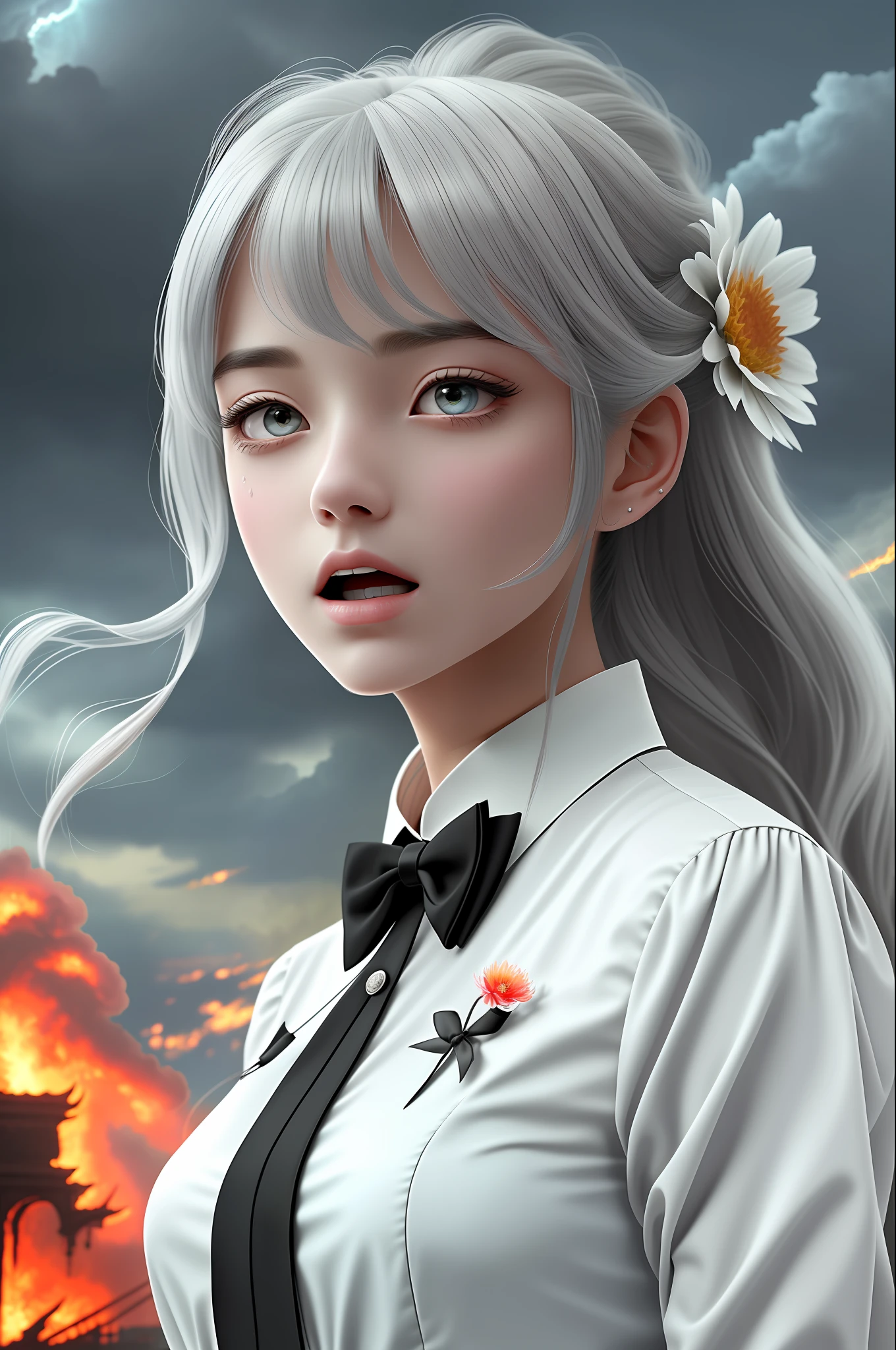 Masterpiece, exquisite, illustration, {beautiful and detailed girl}, beautiful and detailed aura, (fire of war: 1.2), (nuclear explosion in background: 1.3), rain, detail lighting, detail water, (beautiful and detailed eyes: 1.1), expression, palace, sky blue hair, scattered hair, long bangs, eyebrows, (white-gray dress: 1.1), black ribbon, white bow tie, upper abdomen, large forehead, dark flower, long sleeves, only one person, lightning, she is shouting