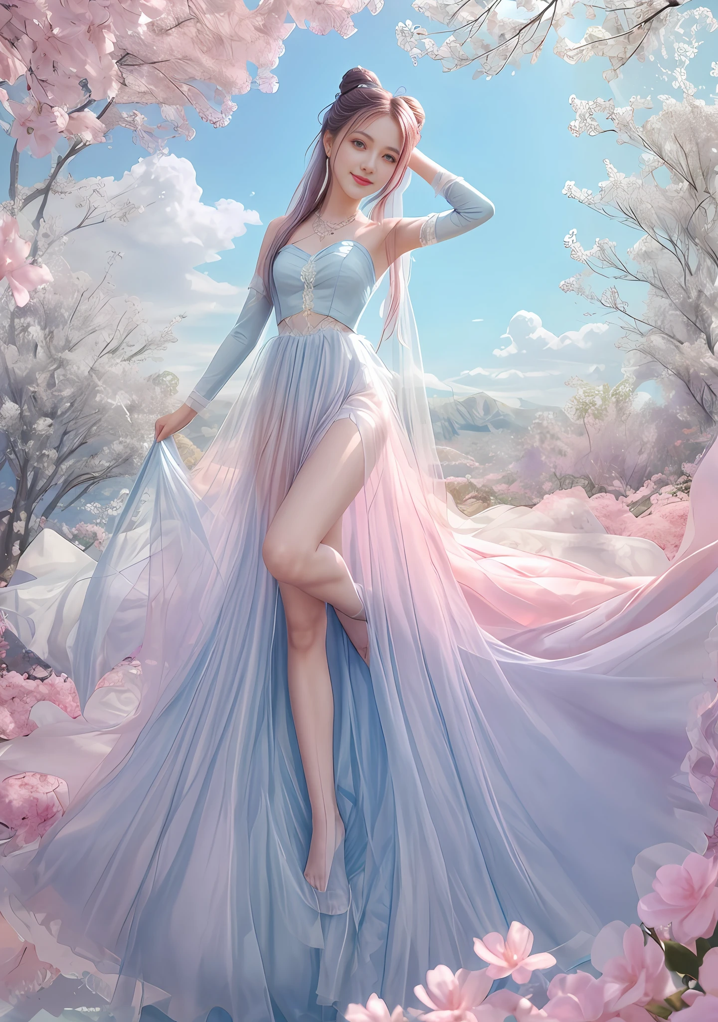 1 girl, single, (feet in the sky: 1.3), blue sky, mirror, light pink and light sky blue style, ethereal leaves, playful arrangement, fantasy, high contrast, (8K wallpaper: 1.3), realistic, octane rendering, surreal, (skin dents: 1.5), (realistic face: 1.2), sharp focus, masterpiece, (best quality), (mirror illumination: 1.5), light on the face, sharp face, long hair, light makeup, smile: 1.2, cute, (after fingering: 1.1), (long tulle: 1.6), wind, bun, (leg covering: 1.3),