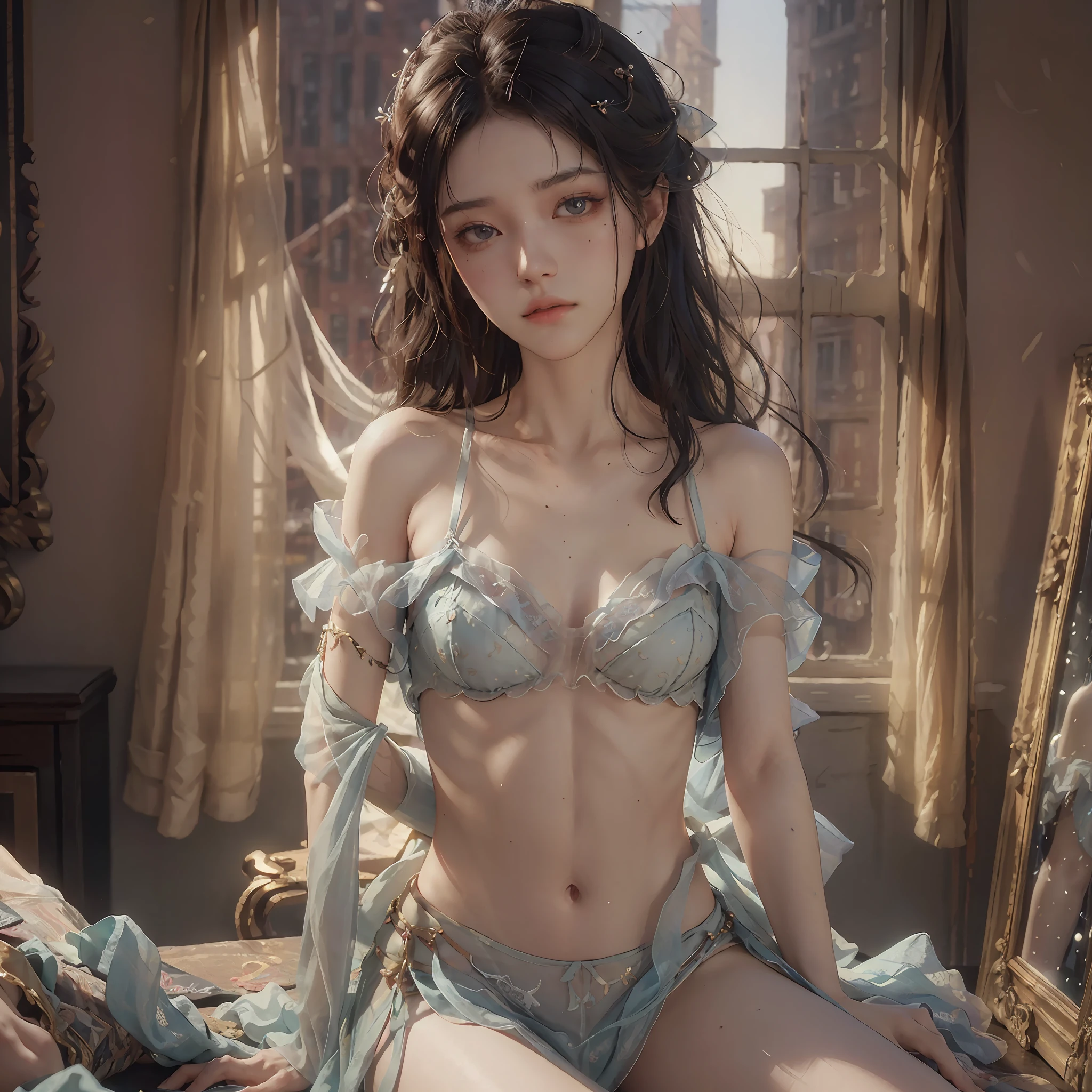 Best quality, masterpiece, super high resolution, (Realisticity: 1.4), Original Photo, 1Girl, Bare Shoulder, Cinematic Lighting ((Top Quality, 8K, Masterpiece: 1.3)), Beauty, Hidden Face, 1 Girl, Beautiful: 1.3, Slender Abs: 1.1, Camisothel Vest, Long Brunette Hair, (Sitting on Bed), Ultra-detailed Face, Highly Detailed Lips, Detailed Eyes, Double Eyelids, Tulle, Transparent, Sexy Lingerie The theme exudes a feeling of frustration and exhaustion, and her (tattered: 1.2) clothes and (Haggard: 1.2) appearance emphasize her sense of despair. Naked --auto --s2