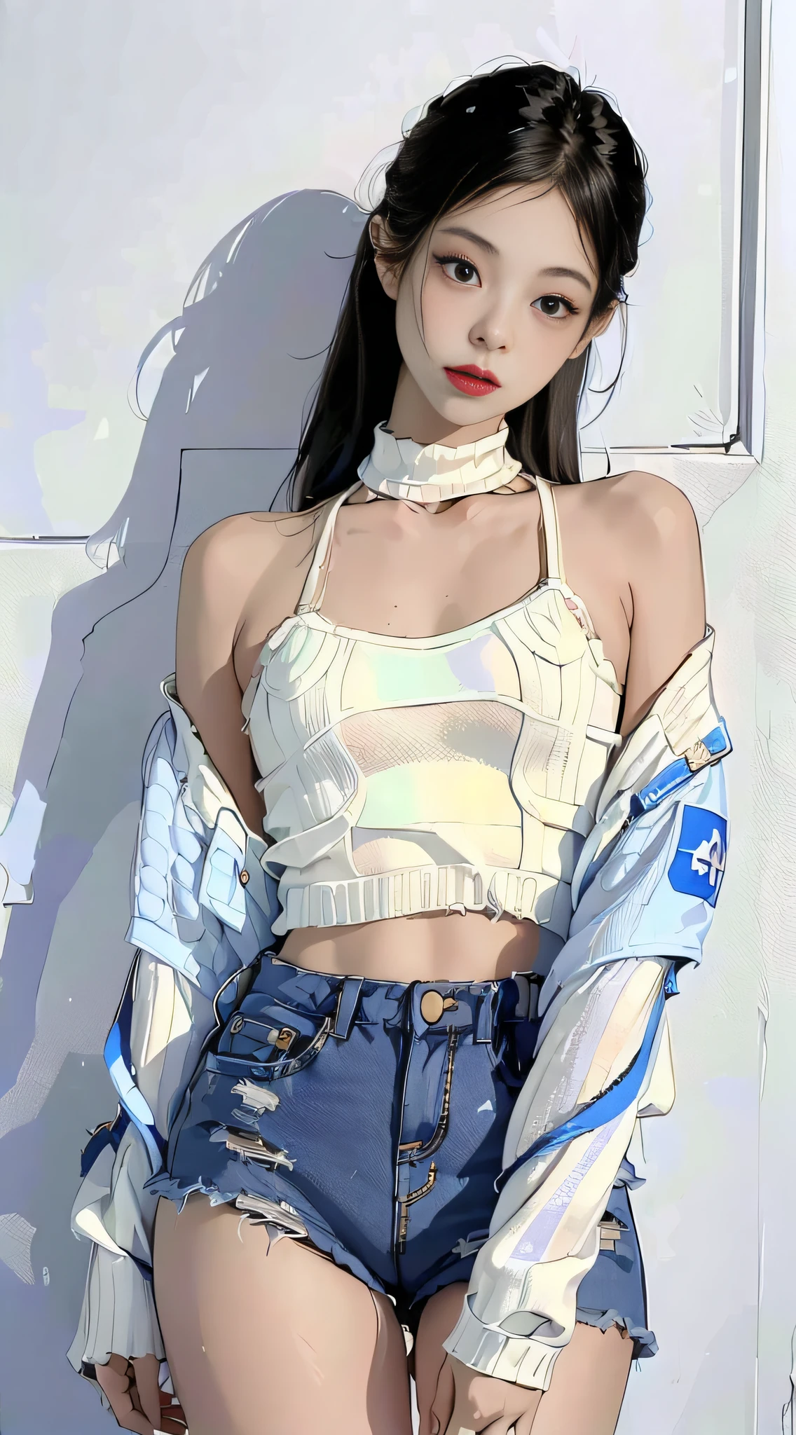 (1girl:1.3), solo,_Kim Ji-ni Jennie face,Wear a royal blue armband sweater,Short model,White bandeau inside,blue shorts,,sex appeal,cuteness,white legwear,White wall,,full-body photo,looks at the viewer,World-weary face,Indifferent eyes,Korean style