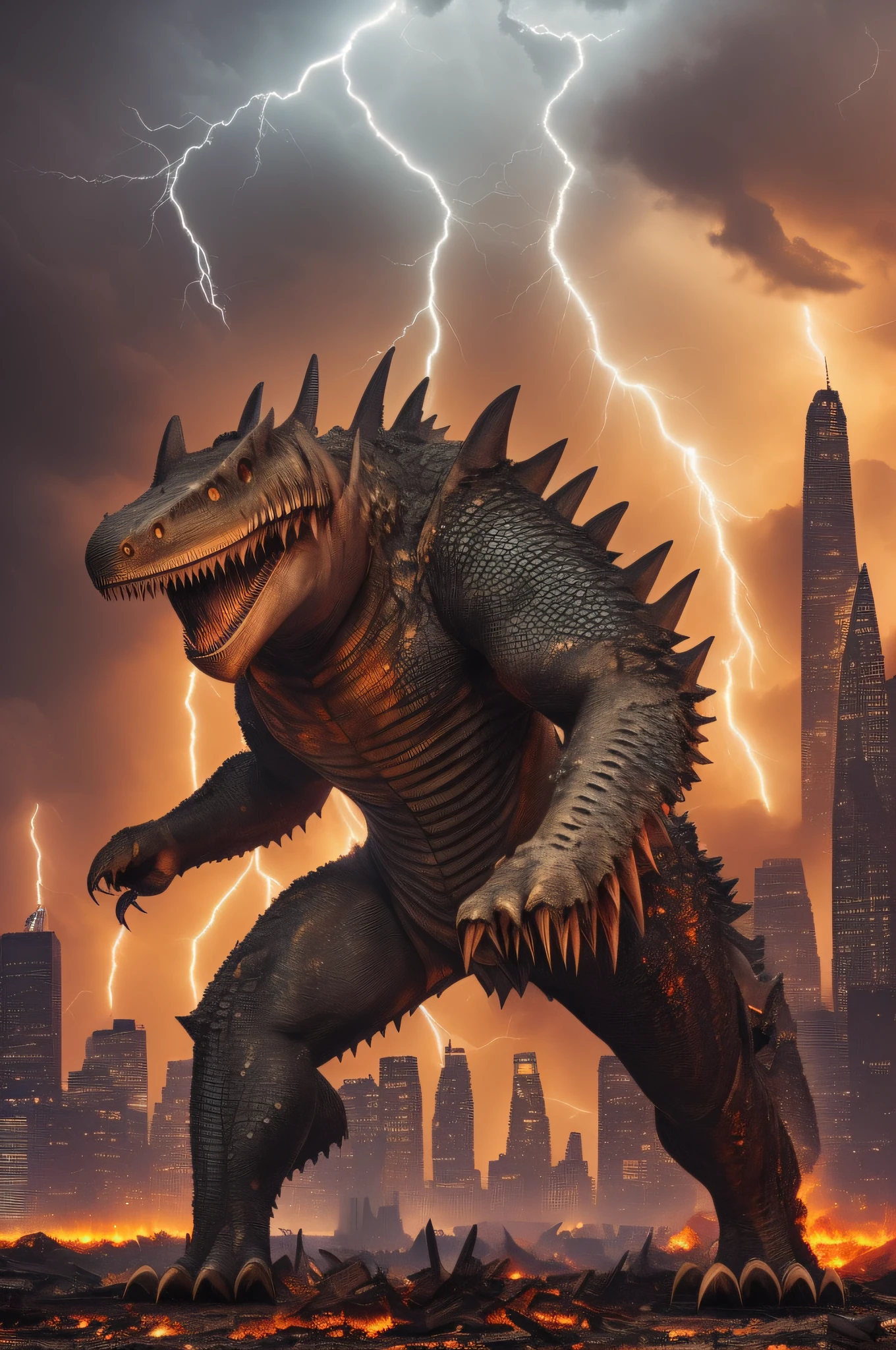 ((Destroyed Building) Manhattan background at night (Great Fire)),(Brown KAIJU) [Glowing eyes, thick and strong neck, small head, bipod walking, strong legs (short arms)],Reptile Leaning forward Theropod [Long tail] [Two large horns on the head] (Sharp-angled dorsal fin, sharply raised scales, shark fangs) ((Sabertooth)),(EDGE blade),(Magma energy in the body),((Lightning in the sky)),[ Ultra-precision detail, High Quality, High resolution, ((Multi-layered texture)]],((Narrative visual art)). --auto --s2