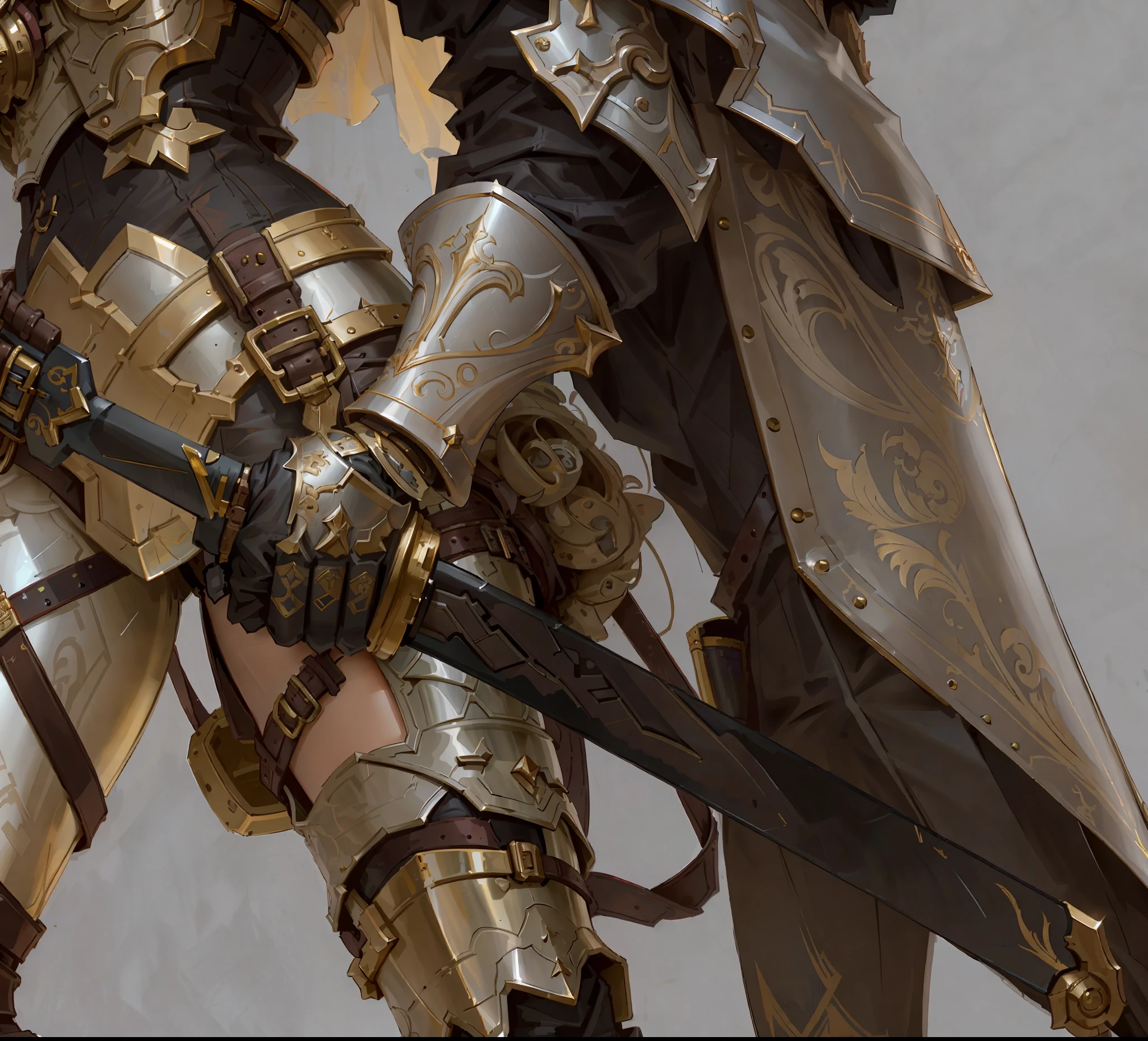 A girl in armor, holding a sword, scabbard, metallic, European pattern, leather scabbard,