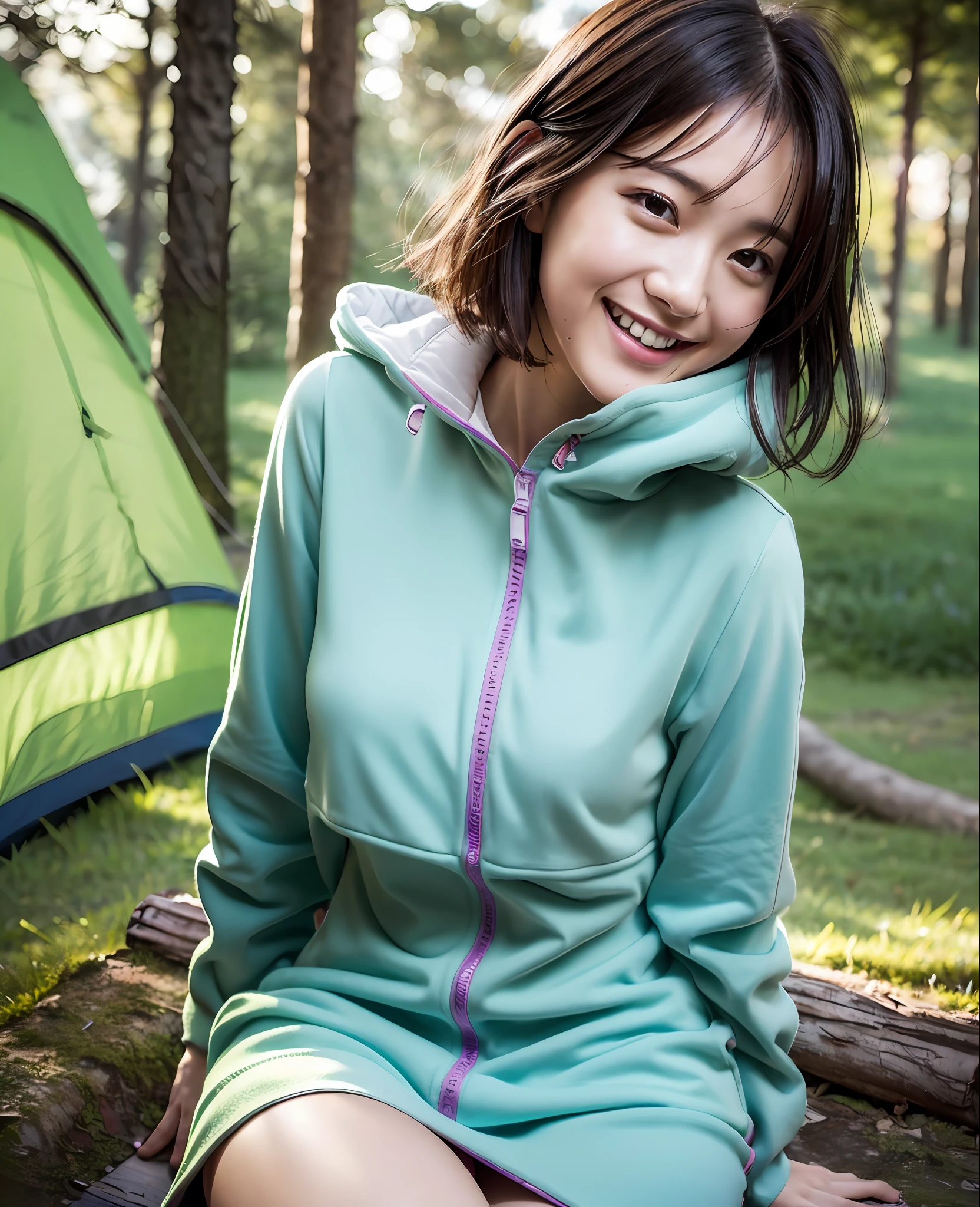 ((top quality, 8k, masterpiece: 1.3)), women (wearing colorful down jackets, smiling, at_campground:1.3), having a campfire, women sitting on outdoor chairs, background campsites lined with tents, overhead camera, sharp focus: 1.2, cute women: 1.4, ((bob-cut hair)), Highly detailed face and skin and hair texture, brown hair, slightly wet texture hair, detailed eyes, double eyelids, white skin, beautiful legs, beautiful delicate nose, cute young Japan woman, 28 years old, with dynamic angles, featuring calm tones and contrasting mixes of light and shadow, while exuding melancholy emotions, while emphasizing the subject's hair, eyes, mouth and action, it is a composition pleasing to the eye and suggestive.