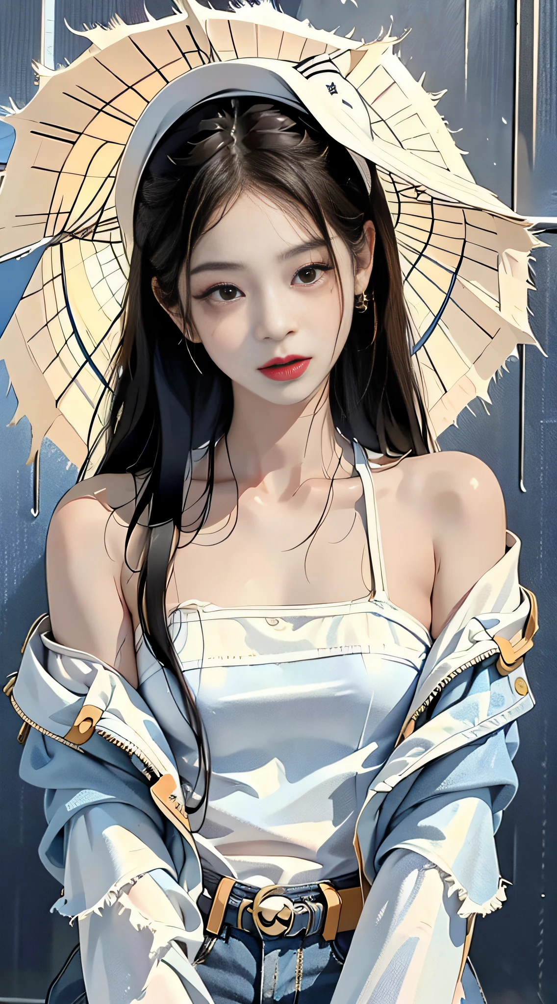 best picture quality， MASTERPIECE，solo,__body-parts__, Kim Ji-ni Jennie face， Super High Resolution， ， photograph of， 1 GIRL，white shirts，Denim jacket teardrops， （Torn clothes：1.5）， （Wet clothes：1.4）， Bare Shoulders， Real rain， wet hair,..