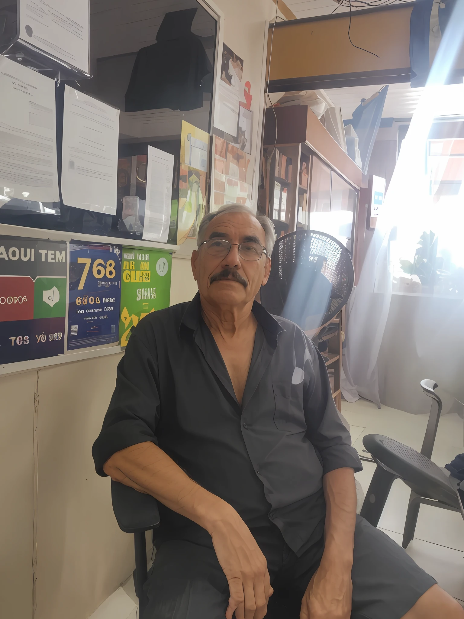 there is a man sitting in a chair in a room, he is about 7 0 years old, he is about 6 0 years old, he is about 60 years old, he is about 50 years old, he is about 5 0 years old, he is about 8 0 years old, very very low quality picture, zigor samaniego