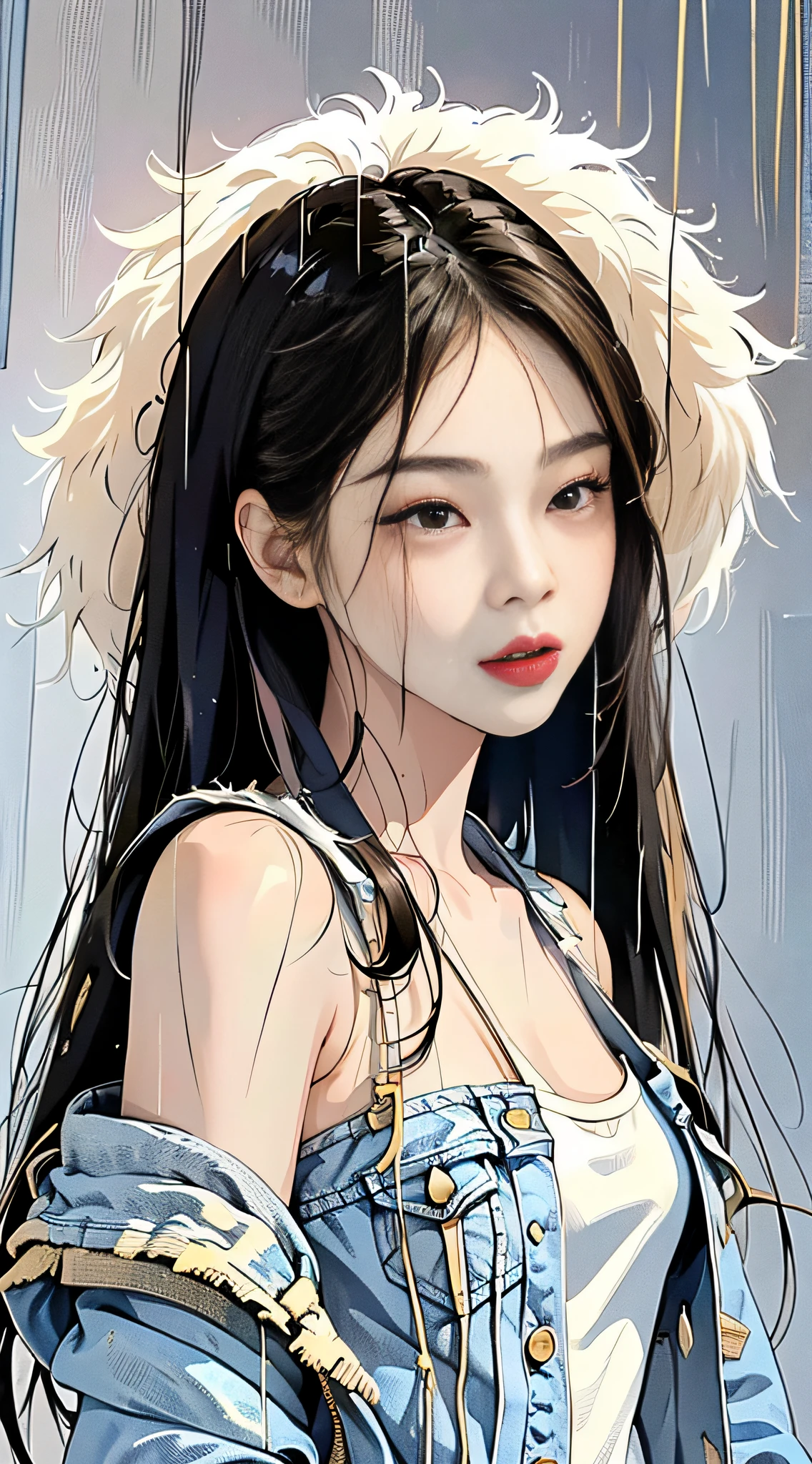 best picture quality， MASTERPIECE，solo,__body-parts__, Kim Ji-ni Jennie face， Super High Resolution， ， photograph of， 1 GIRL，white shirts，Denim jacket teardrops， （Torn clothes：1.5）， （Wet clothes：1.4）， Bare Shoulders， Real rain， wet hair,..