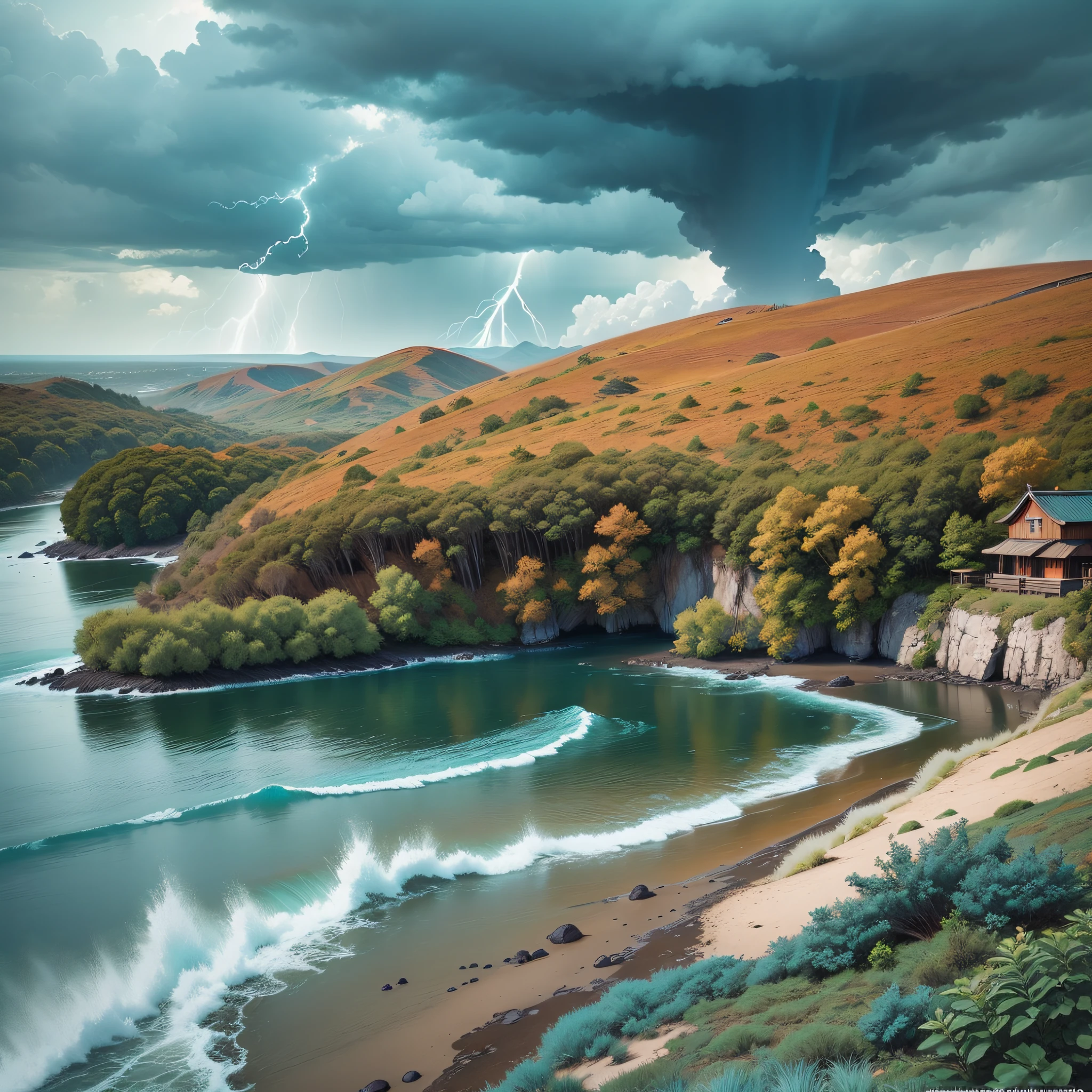 Color: brown Secondary Color:cyan

Weather: lightning striking Landscape: lush

Random: shrine --auto --s2