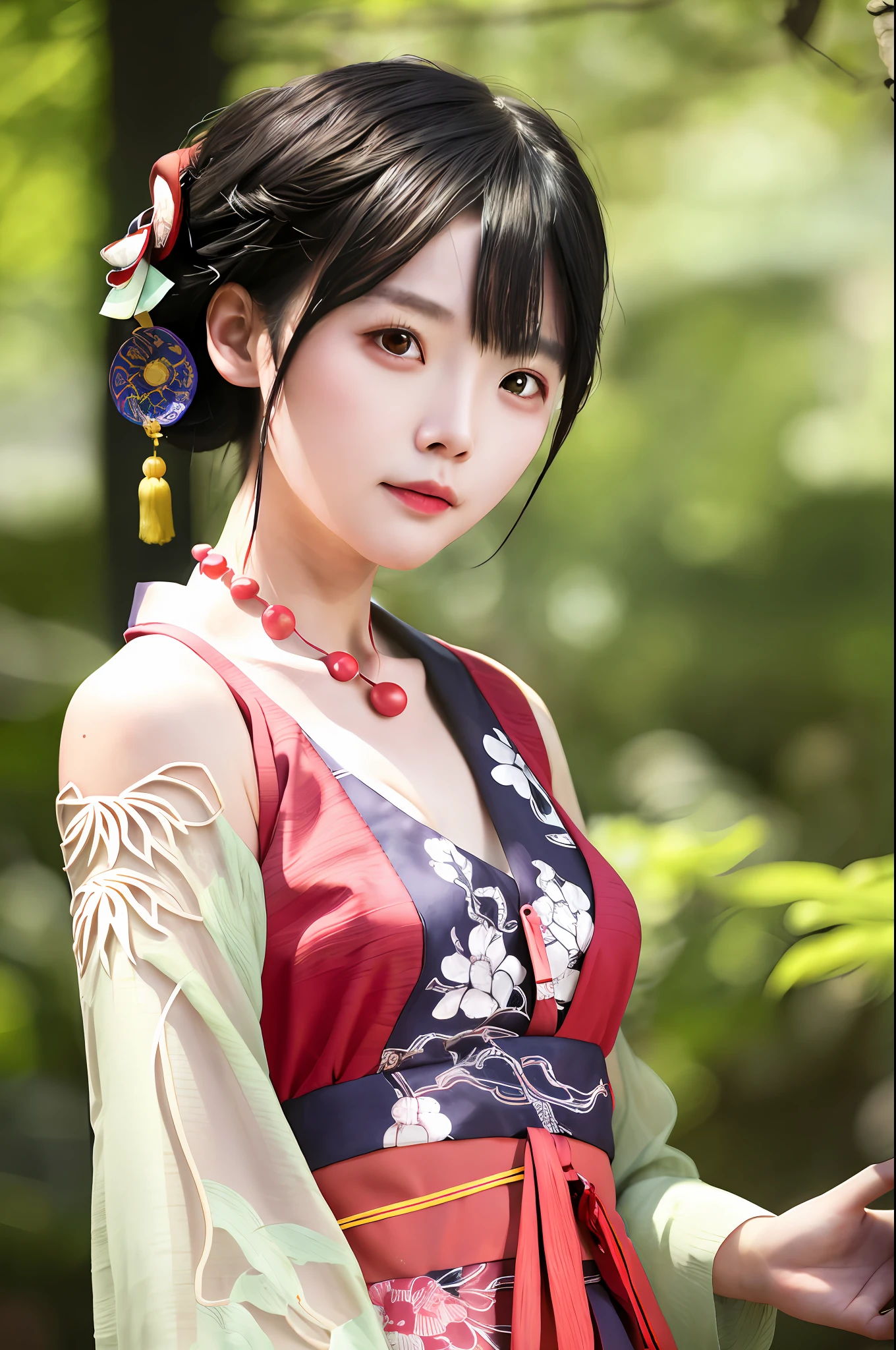 1girl, solo, chinese girl, realistic, photography, photorealistic, looking at viewer, blurry background, black hair, necklace, solo focus, short hair, hanfu, forest, cinematic lighting, depth of field, cleavage, clavicle