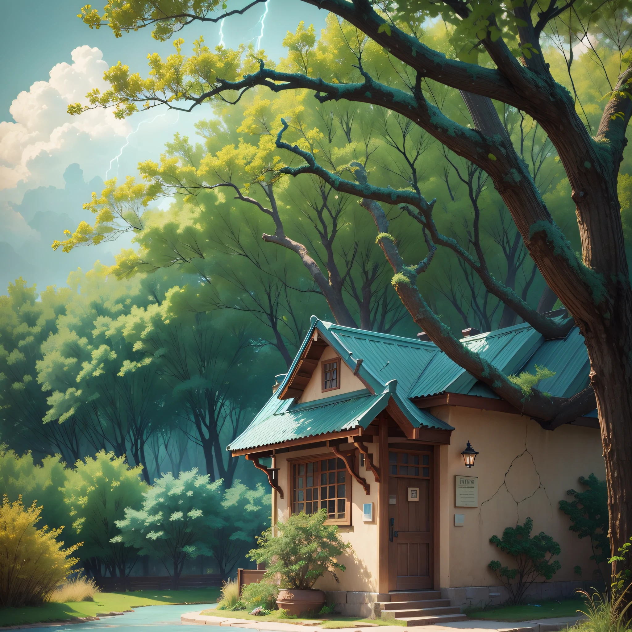 Color: brown Secondary Color:cyan
Weather: lightning striking Landscape: lush
Random: shrine --auto --s2
