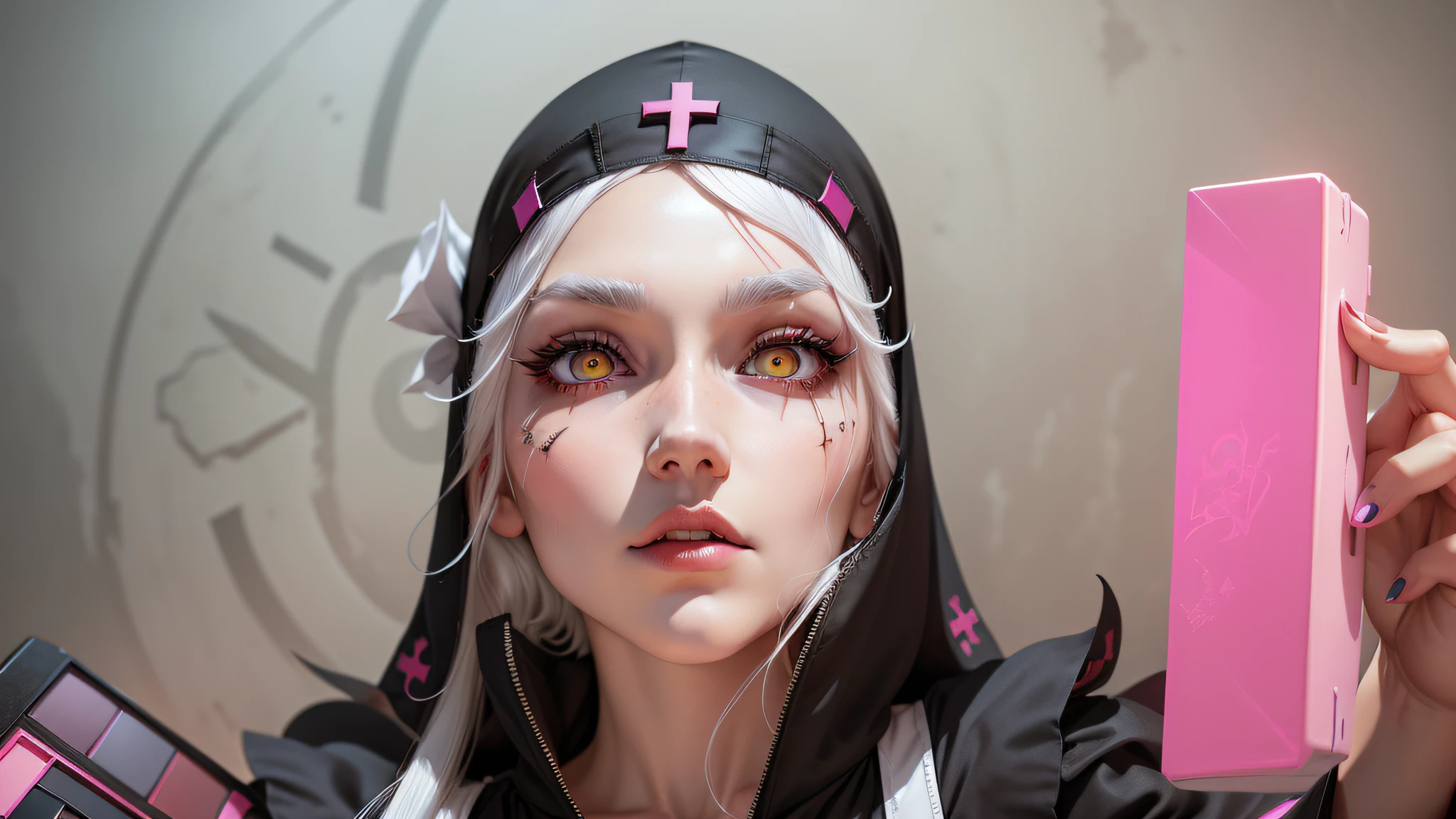 White hair, Evelynn lol, nun's outfit, big pink cross on forehead, yellow eyes, perfect eyes, holding makeup box with drawing of a cross --auto --s2