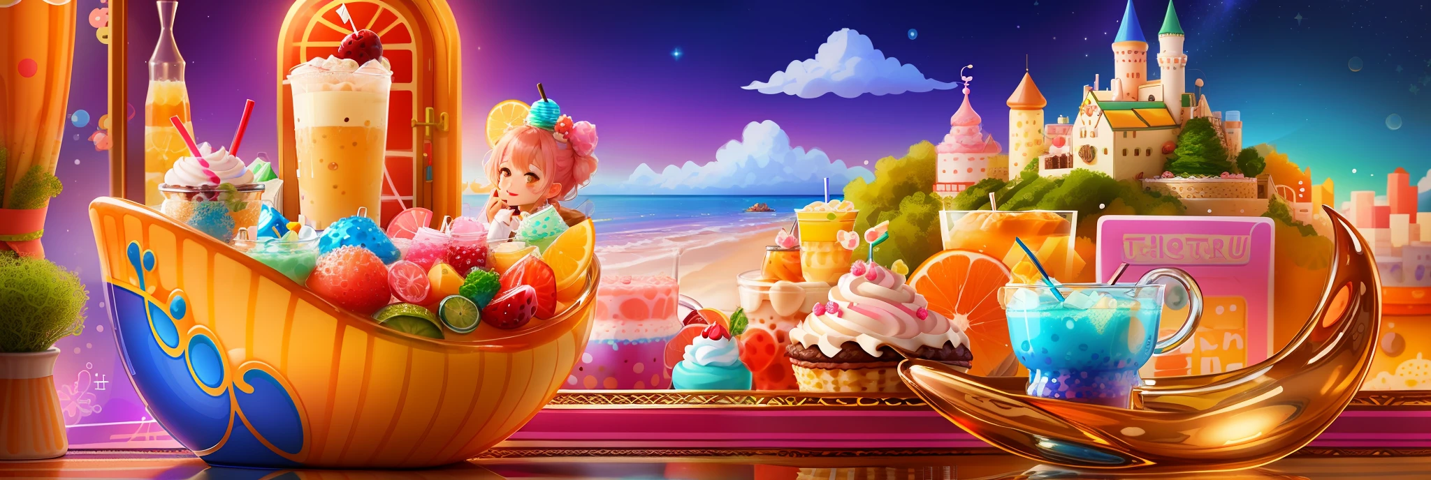 there are many different drinks in different glasses on a table, colored milk tea, bubbly scenery, sea of parfait, cozy cafe background, cute illustration, drinking boba tea, drinks, cute artwork, cold drinks, sweets, a beautiful artwork illustration, decora inspired illustrations, cute detailed digital art, summer morning, birthday party, cheerful atmosphere, cute art style, official artwork