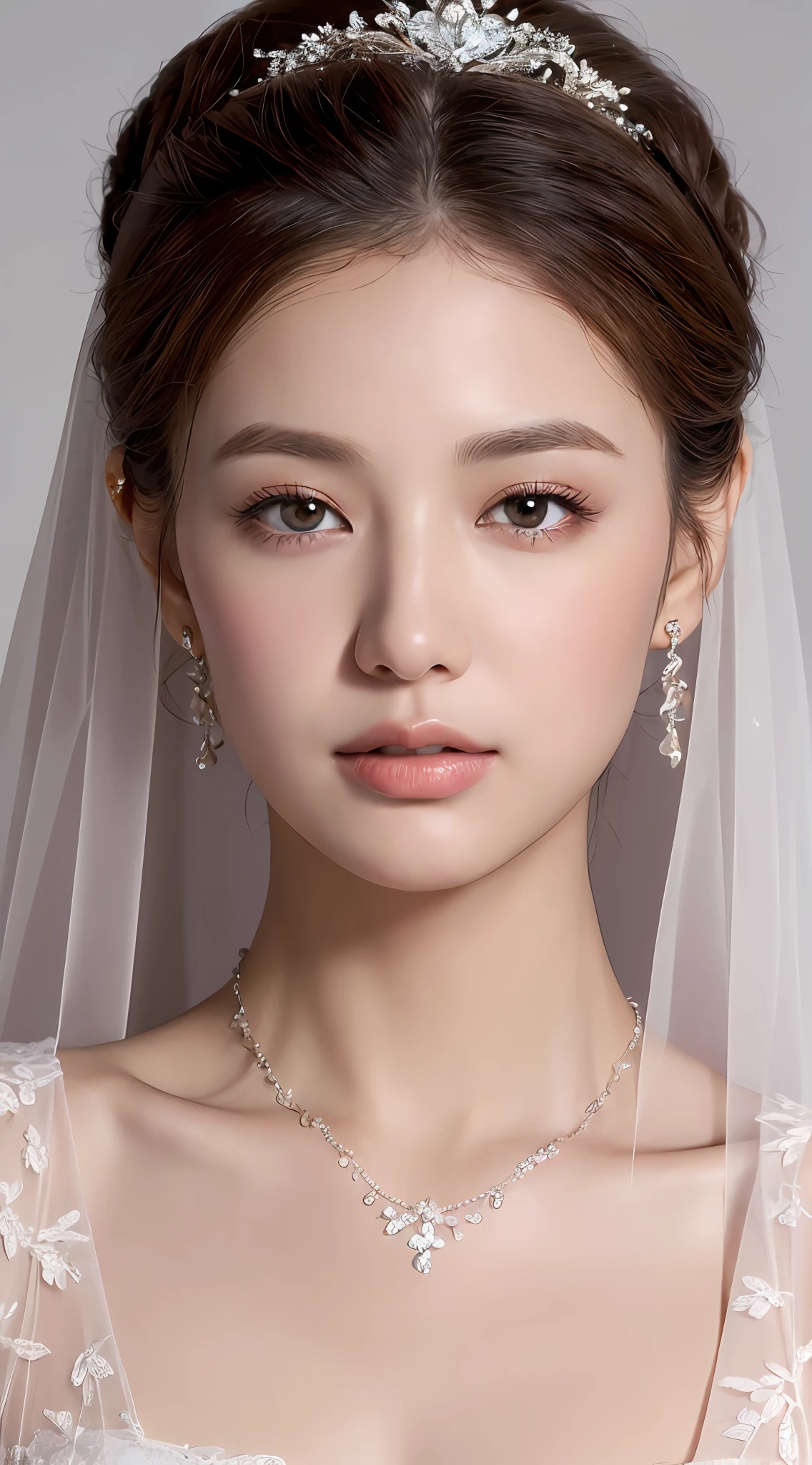 ((Best quality, 8k, Masterpiece :1.3)), Sharp focus :1.2, Perfect body beauty: 1.4, Slim abs: 1.2, ((chignon hair, small breasts: 1.2)), (Natural light), extremely detailed gorgeous rose lace brassiere, extremely detailed gorgeous pink-diamond necklace, tiara, (((rose lace wedding veil))), highly detailed facial and skin textures, detailed eyes, double eyelids, (((Dynamic Angle)))