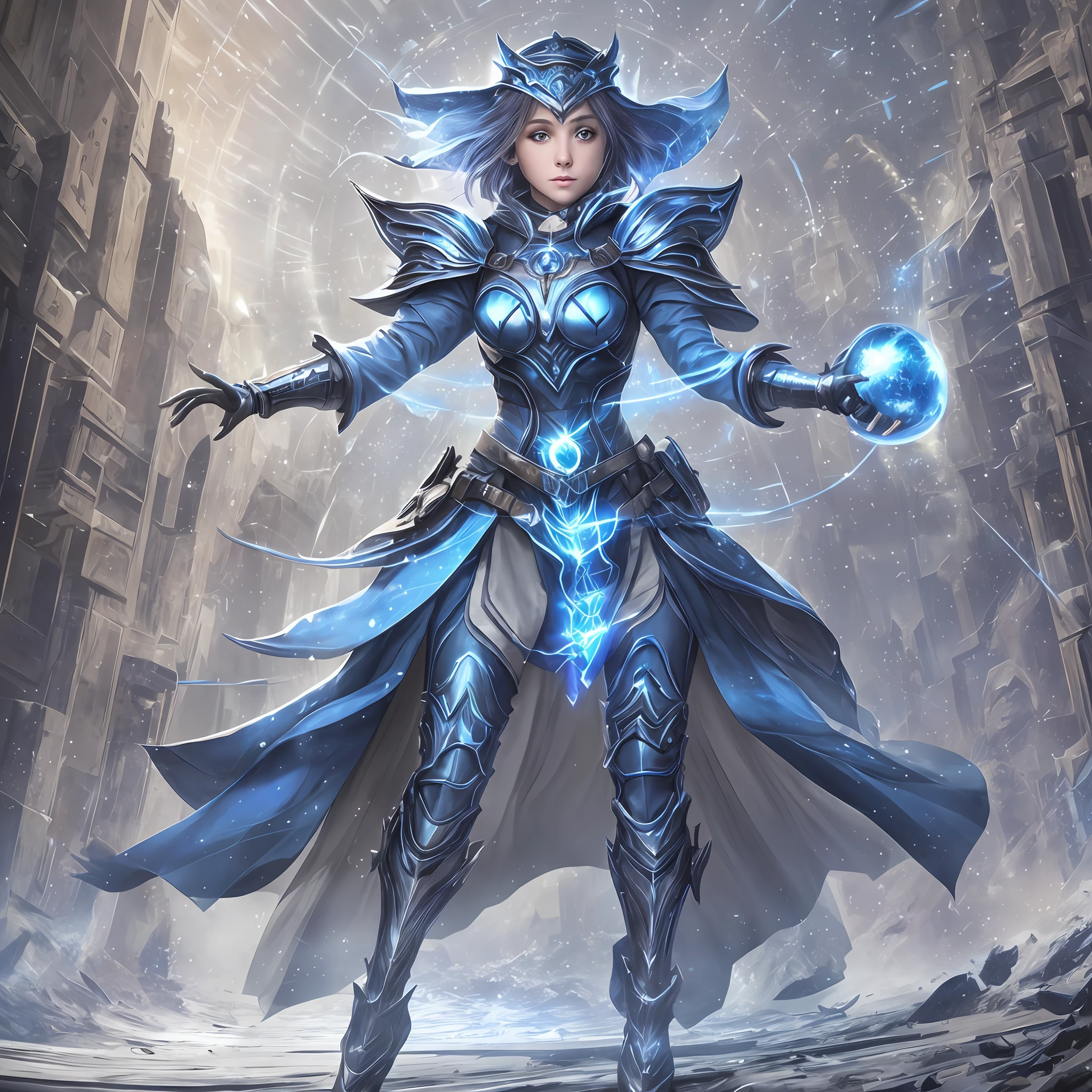 1 girl, sorceress, with futuristic outfit and helmet,
shoulder length and blue, full body, perfect hands, in the hands there is a vortex orb, galactic background, realistic, 4k, ultra detailed, photo realism, --auto --s2