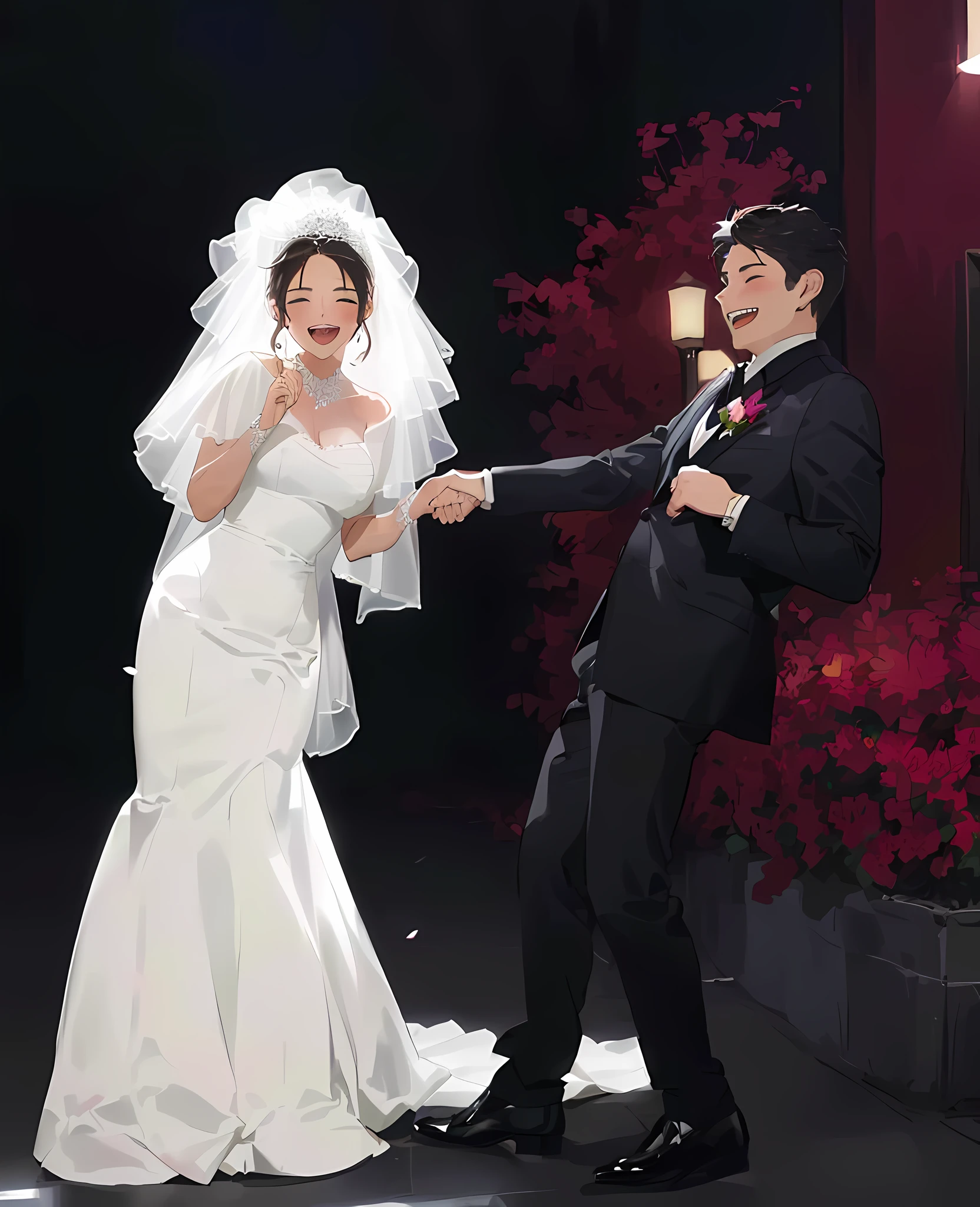 Beautiful bride and handsome groom, wedding hall, boy holding girl's hand, laughing, masterpiece, masterpiece, HD, fine facial depiction