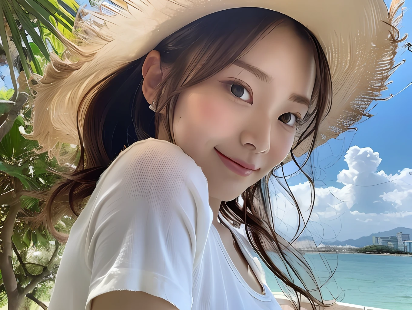 (8k, highest quality, masterpiece: 1.2), (hair_style), (realistic, photorealistic: 1.37), plump eyes, highest quality, masterpiece, in the summer sun, sky and sea background, shot on wooden deck, [small breasts], backlit, shooting from the waist up, camera angle from below, pose with hair raked up with hands, shot in natural light from morning to noon, Hairstyles and fashion styles that match the Japan trends of 2023, realistic, super detailed, 30s, actress, half Japanese and Russian half model, elaborate CG, slender, adorable, hairstyle matches the fashion of Japan in 2023 layer cut that flutters in the wind, delicate skin type, fine details and softness, model hair color is bright and soft, Choose a short-length T-shirt that matches the summer trends of 2023 and pair it with pale pastel colors for surf fashion.